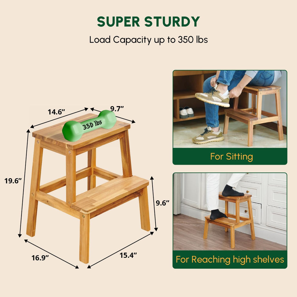BEEFURNI 2 Step Wood Stool, Wooden Stepping Stools for Adults & Kids 350 lbs, Kids Stepping Chair, Bathroom, Bedroom Bench, Closet Climbing Chair, Easy to Assemble, 1 Year Manufacturer Warranty