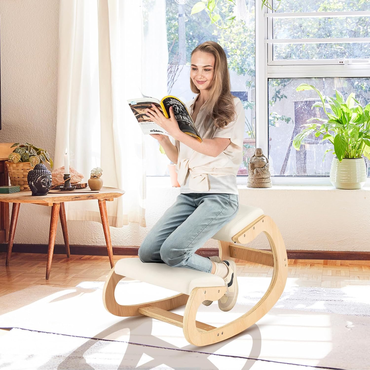 Giantex Ergonomic Kneeling Desk Chair, Rocking Knee Chair with Cushion & Solid Wood Frame, Natural Relief for Neck or Back Pain, Posture Chair for Desk, Home, Office, Max Load 330 Lbs (Beige)