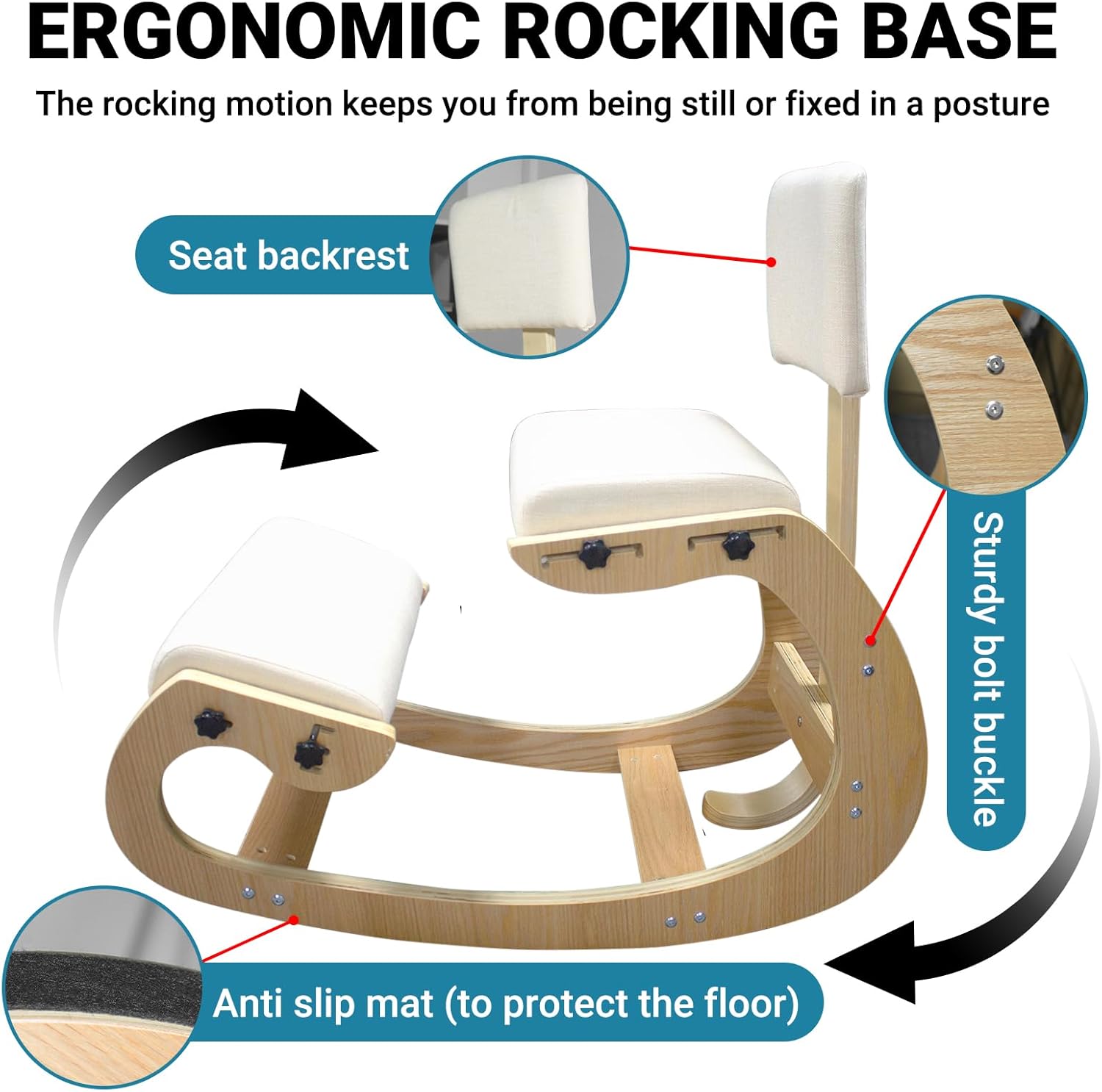 CHIESMA Ergonomic Kneeling Chair with Back Support, Adjustable Height Wooden Knee Chair - Improve Posture with an Angled Seat, with Cushion for Home,Office, Ivory