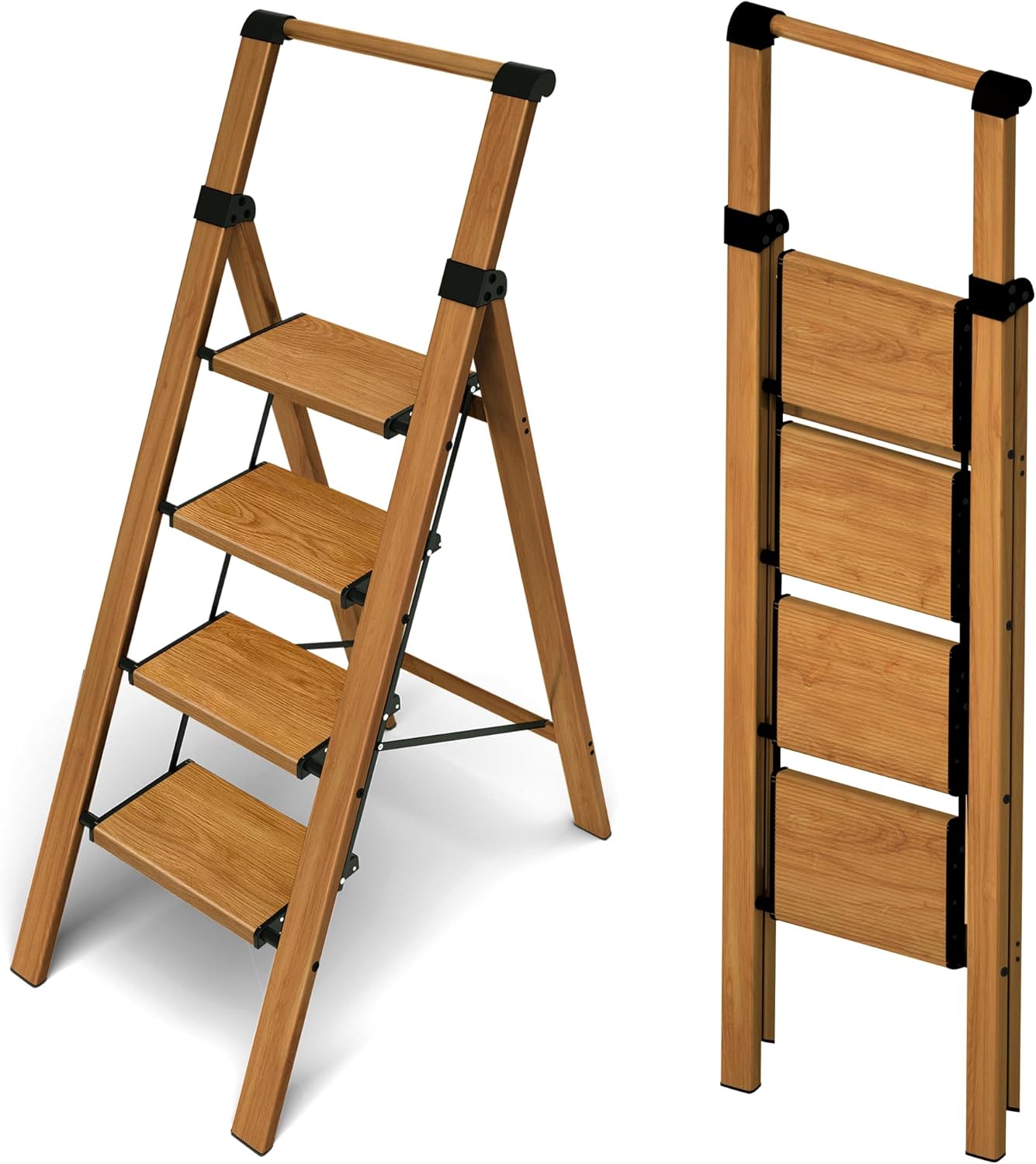Taranta 2 Step Ladder,Aluminum Lightweight Folding 2 Step Stool with Anti-Slip Wide Pedal, 330lbs Capacity Step Ladder for Household,Kitchen,Office - BlackWoodgrain