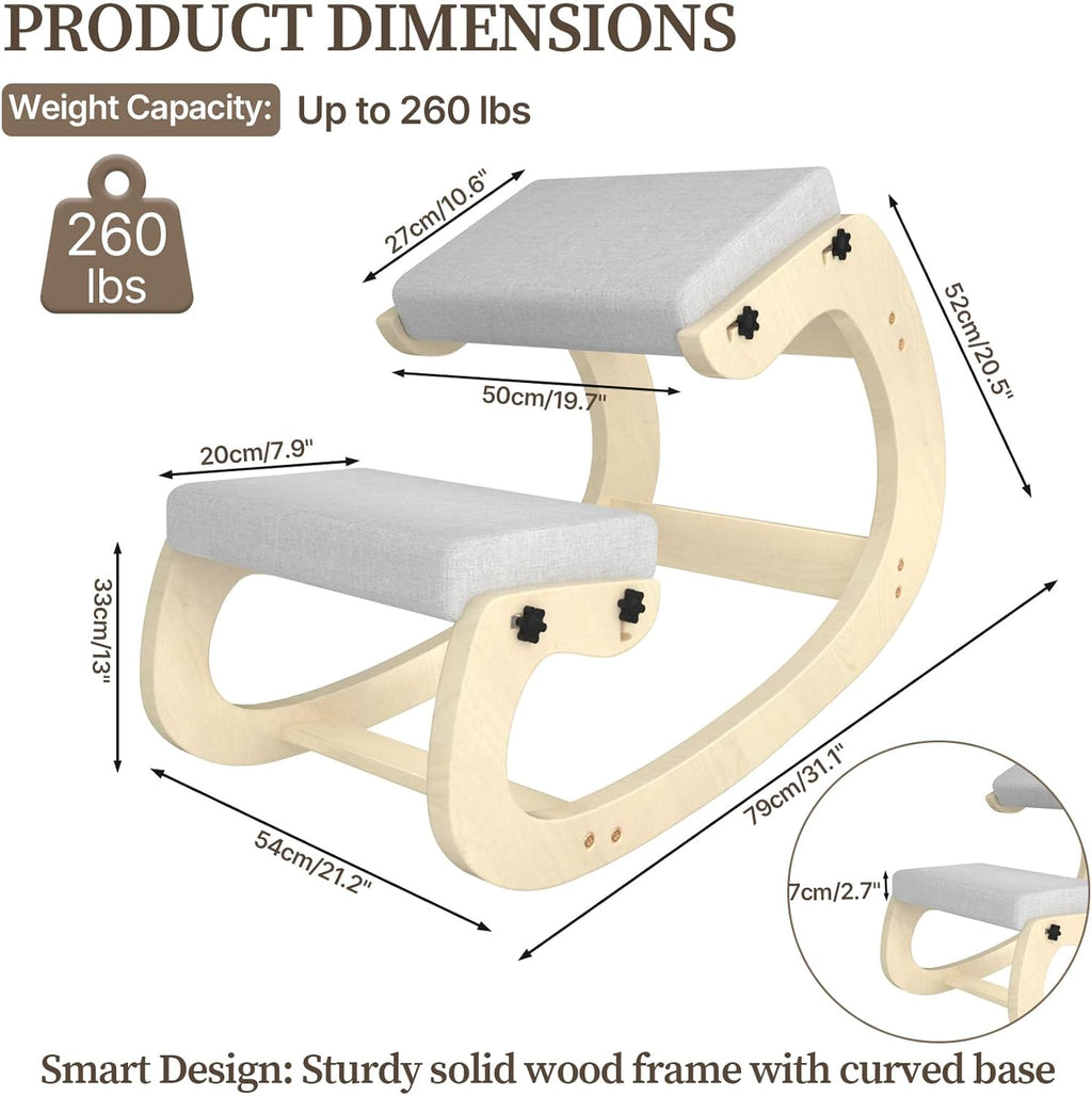 Ergonomic Kneeling Chair with Rocking Wooden Base – Adjustable Height Posture Chair, Thick Cushion & Soft Kneepad for Back & Neck Pain Relief, Ideal for Home Office