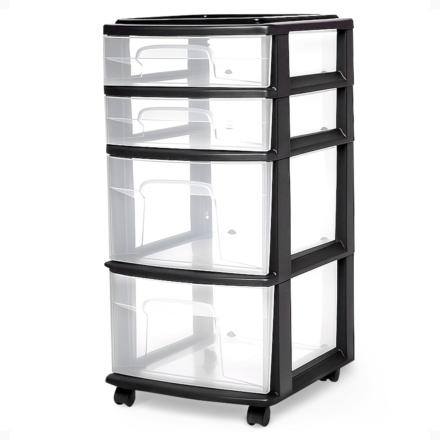 HOMZ Drawer Tower, 4-Tier Clear Plastic Storage Organizer Cart, White Frame – Rolling Containers with Wheels for Bathroom, Bedroom, Office, and Classroom Organization