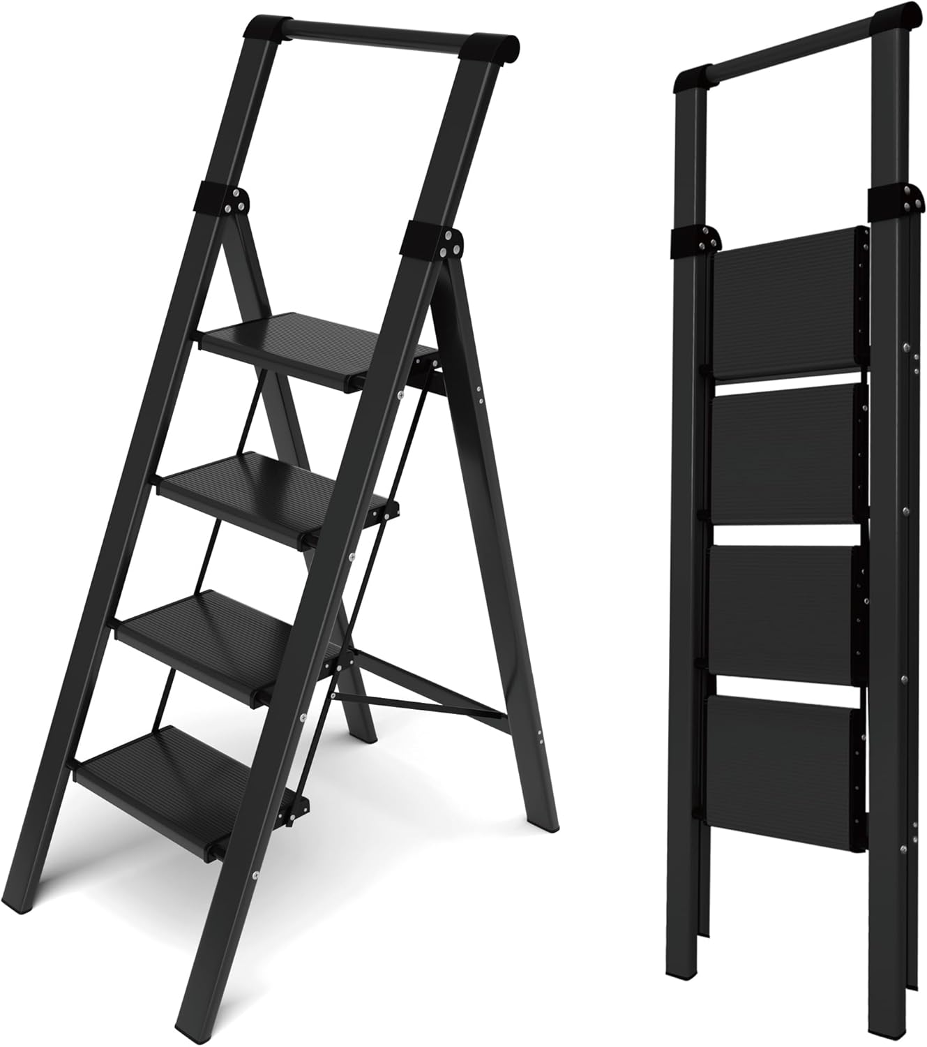 Taranta 2 Step Ladder,Aluminum Lightweight Folding 2 Step Stool with Anti-Slip Wide Pedal, 330lbs Capacity Step Ladder for Household,Kitchen,Office - BlackWoodgrain