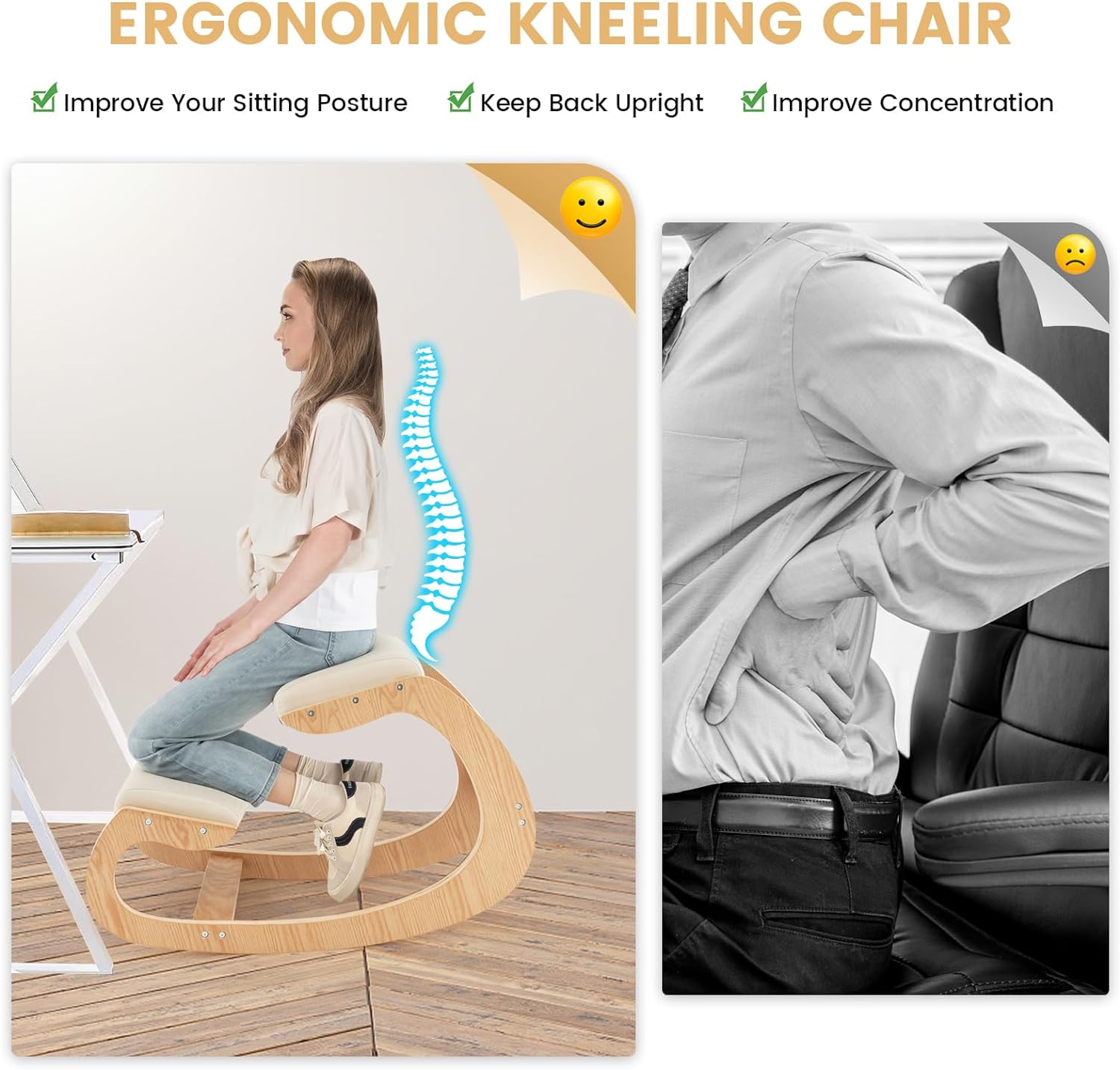 Giantex Ergonomic Kneeling Desk Chair, Rocking Knee Chair with Cushion & Solid Wood Frame, Natural Relief for Neck or Back Pain, Posture Chair for Desk, Home, Office, Max Load 330 Lbs (Beige)