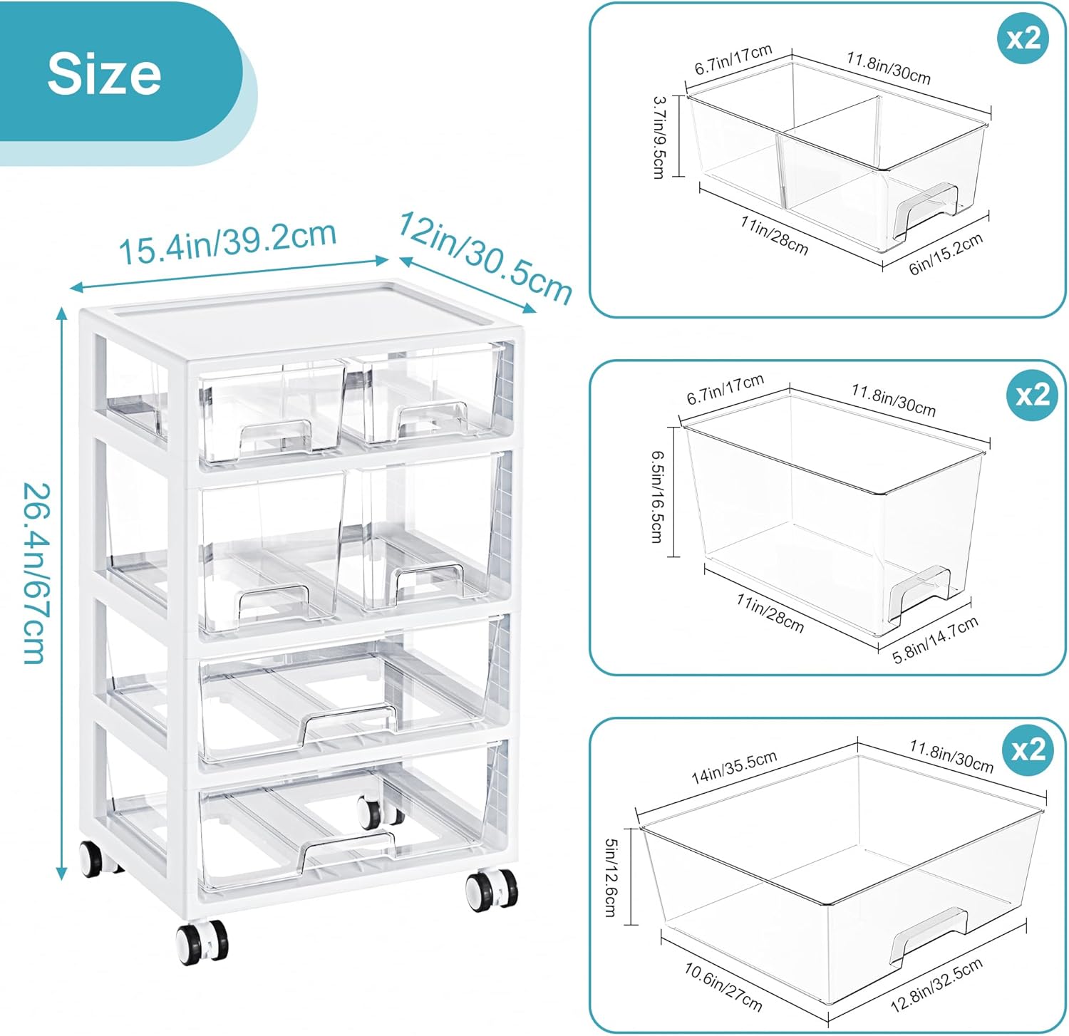 Vtopmart Plastic Drawer Storage Orangizer, 4 Tier 6 Drawers with Wheels for Office Supplies, Art Crafts, Under Desk Storage for Office, Bathroom, Dresser, 1 Pack/Clear