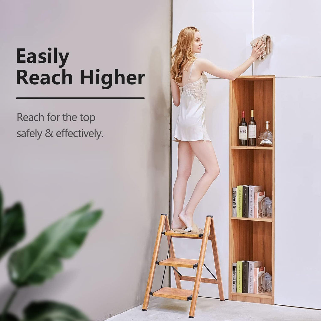 3 Step Ladder, Folding Step Stool with Anti-Slip Wide Sturdy Pedal, Multi-Use for Home and Kitchen Use, Space Saving-Woodgrain(300 lbs Capacity)