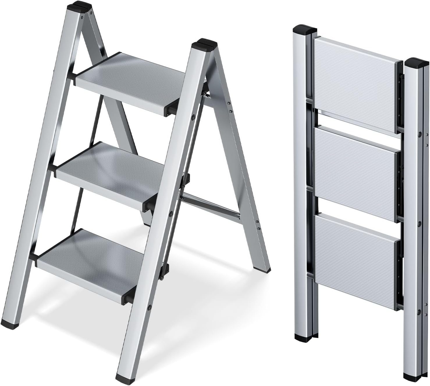Taranta 2 Step Ladder,Aluminum Lightweight Folding 2 Step Stool with Anti-Slip Wide Pedal, 330lbs Capacity Step Ladder for Household,Kitchen,Office - BlackWoodgrain