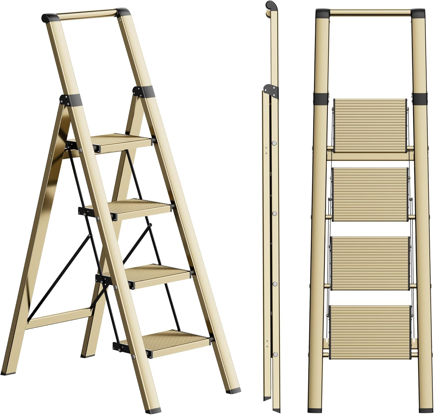 3 Step Ladder, Folding Step Stool with Anti-Slip Wide Sturdy Pedal, Multi-Use for Home and Kitchen Use, Space Saving-Woodgrain(300 lbs Capacity)