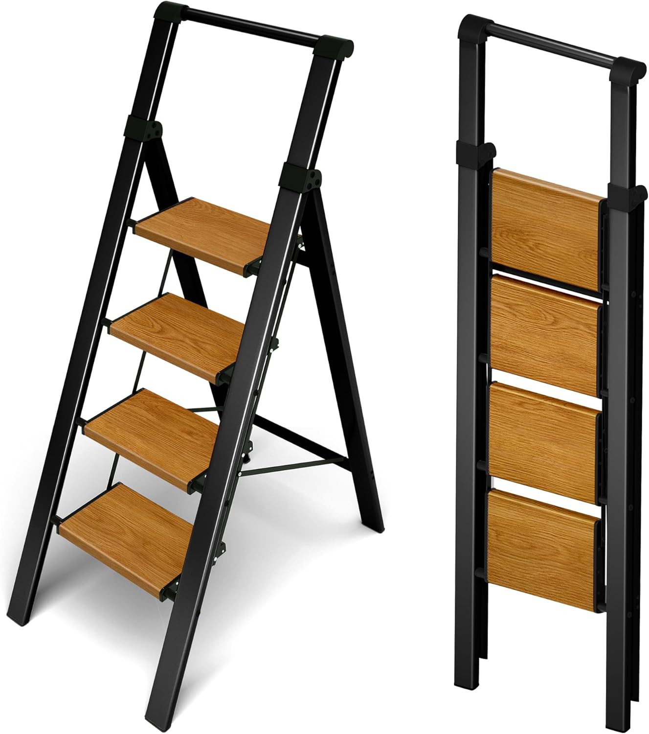 Taranta 2 Step Ladder,Aluminum Lightweight Folding 2 Step Stool with Anti-Slip Wide Pedal, 330lbs Capacity Step Ladder for Household,Kitchen,Office - BlackWoodgrain