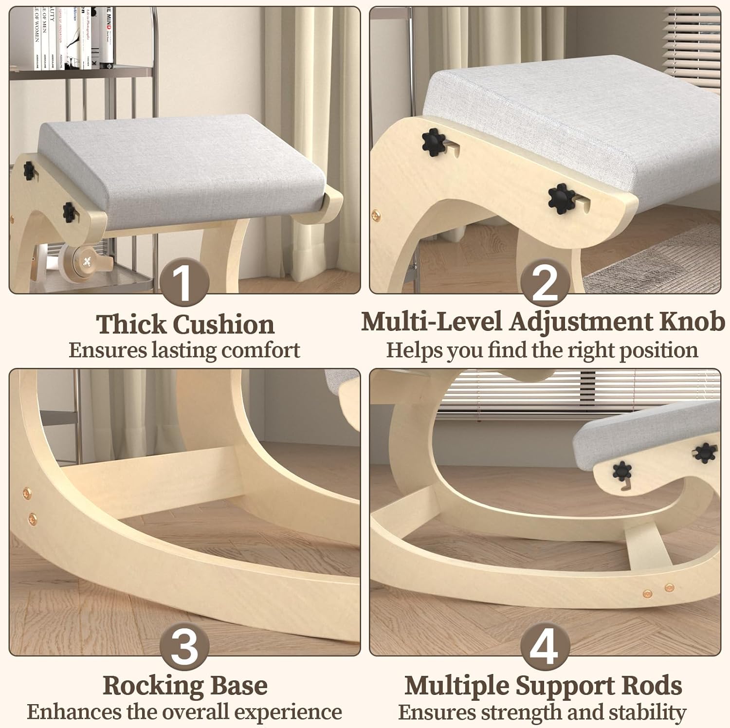 Ergonomic Kneeling Chair with Rocking Wooden Base – Adjustable Height Posture Chair, Thick Cushion & Soft Kneepad for Back & Neck Pain Relief, Ideal for Home Office