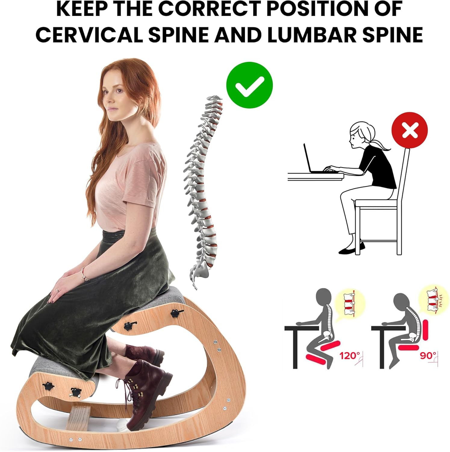 Easyego Kneeling Chair Ergonomic Posture Chair, Wood Adjustable Rocking Knee with Soft Padding, Natural Relief for Neck or Back Pain for Home Office, Max Load 300 lb - Gray