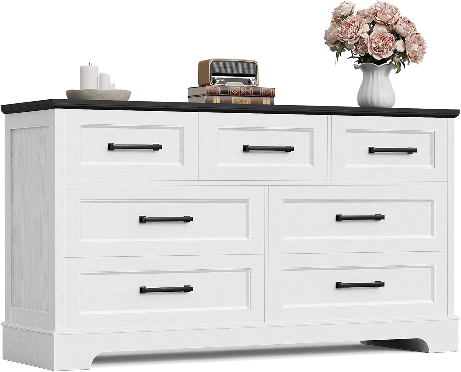 Furmax Farmhouse Dresser for Bedroom, 7 Drawers Dresser, Wood Chest of Drawers, 52" Wide Storage Dressers Organizer for Bedroom, Living Room, White and Brown