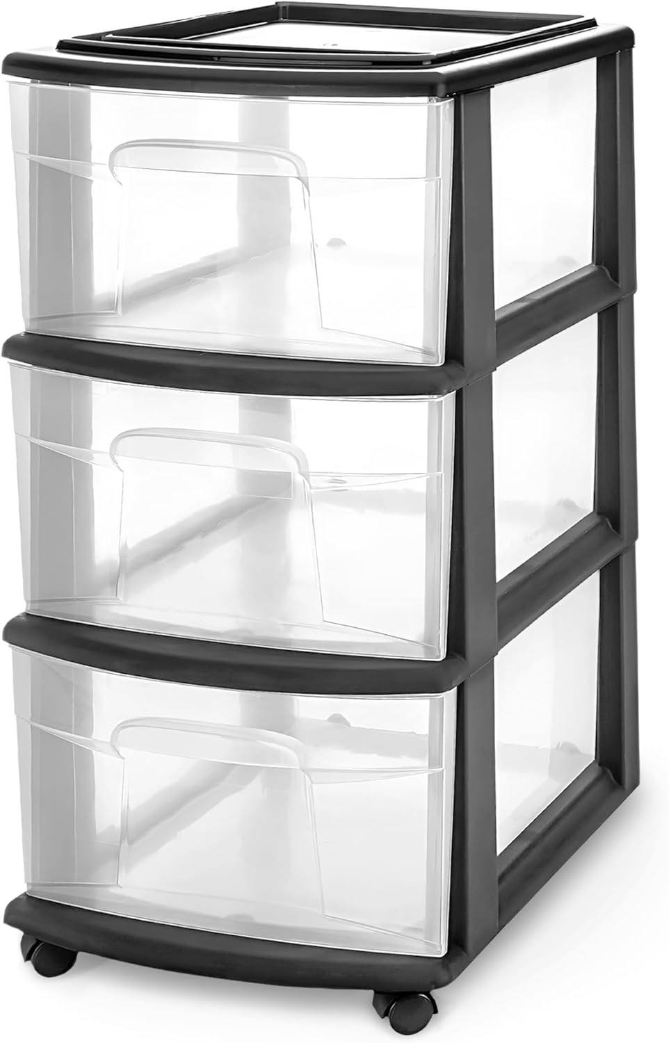 HOMZ Drawer Tower, 3-Tier Clear Plastic Storage Organizer Cart, Black Frame – Organizing Containers with Wheels for Home, Bathroom, Bedroom, Office, and Classroom