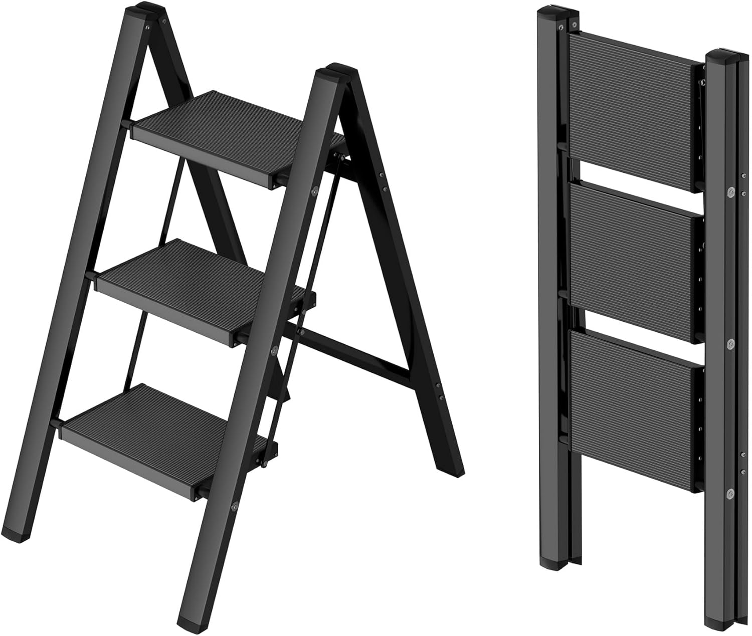 Taranta 2 Step Ladder,Aluminum Lightweight Folding 2 Step Stool with Anti-Slip Wide Pedal, 330lbs Capacity Step Ladder for Household,Kitchen,Office - BlackWoodgrain