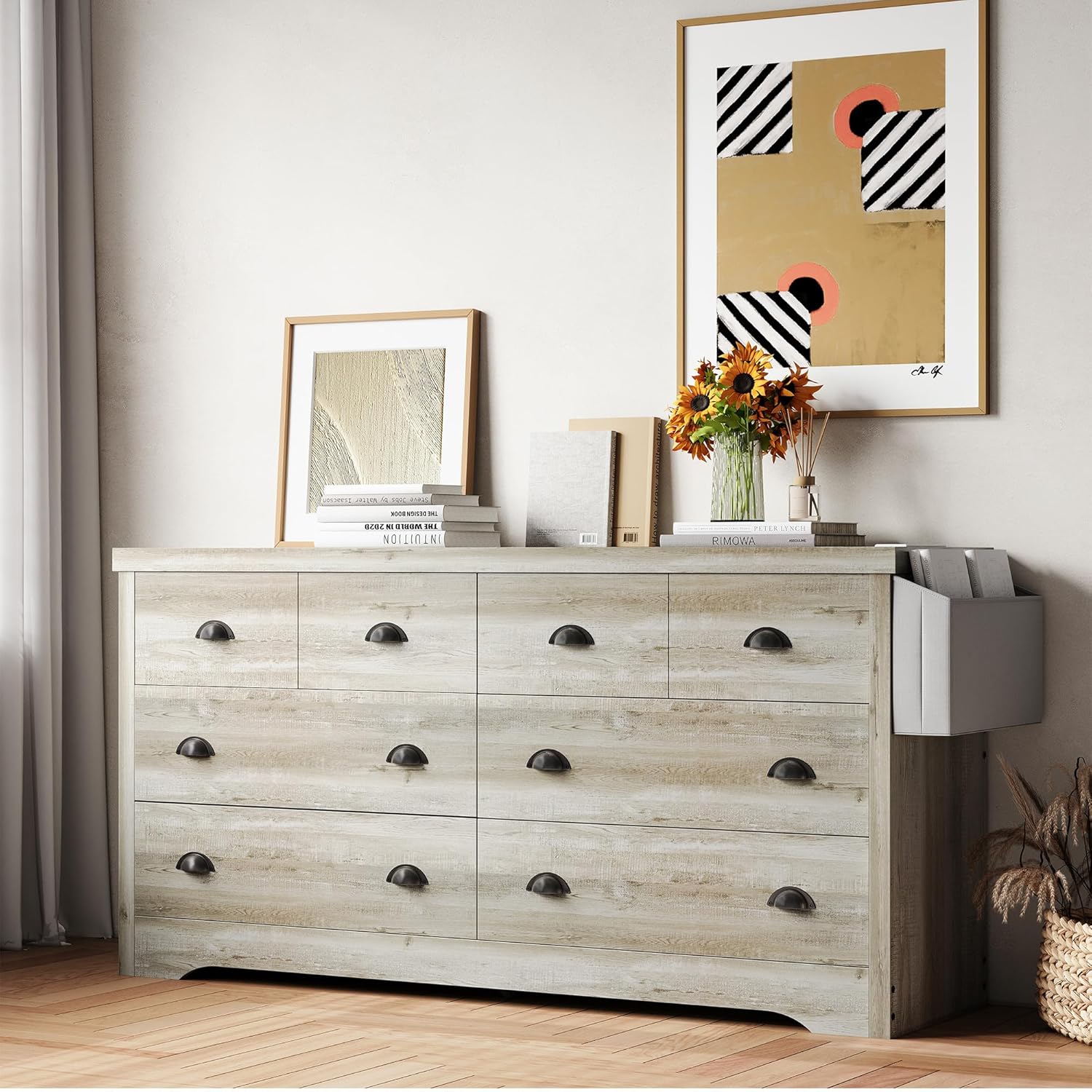 LIKIMIO Dresser 8 Drawer with Charging Station and Storage Bag, Wood Storage Chest of Drawers for Bedroom Living Room Hallway Entryway, Black