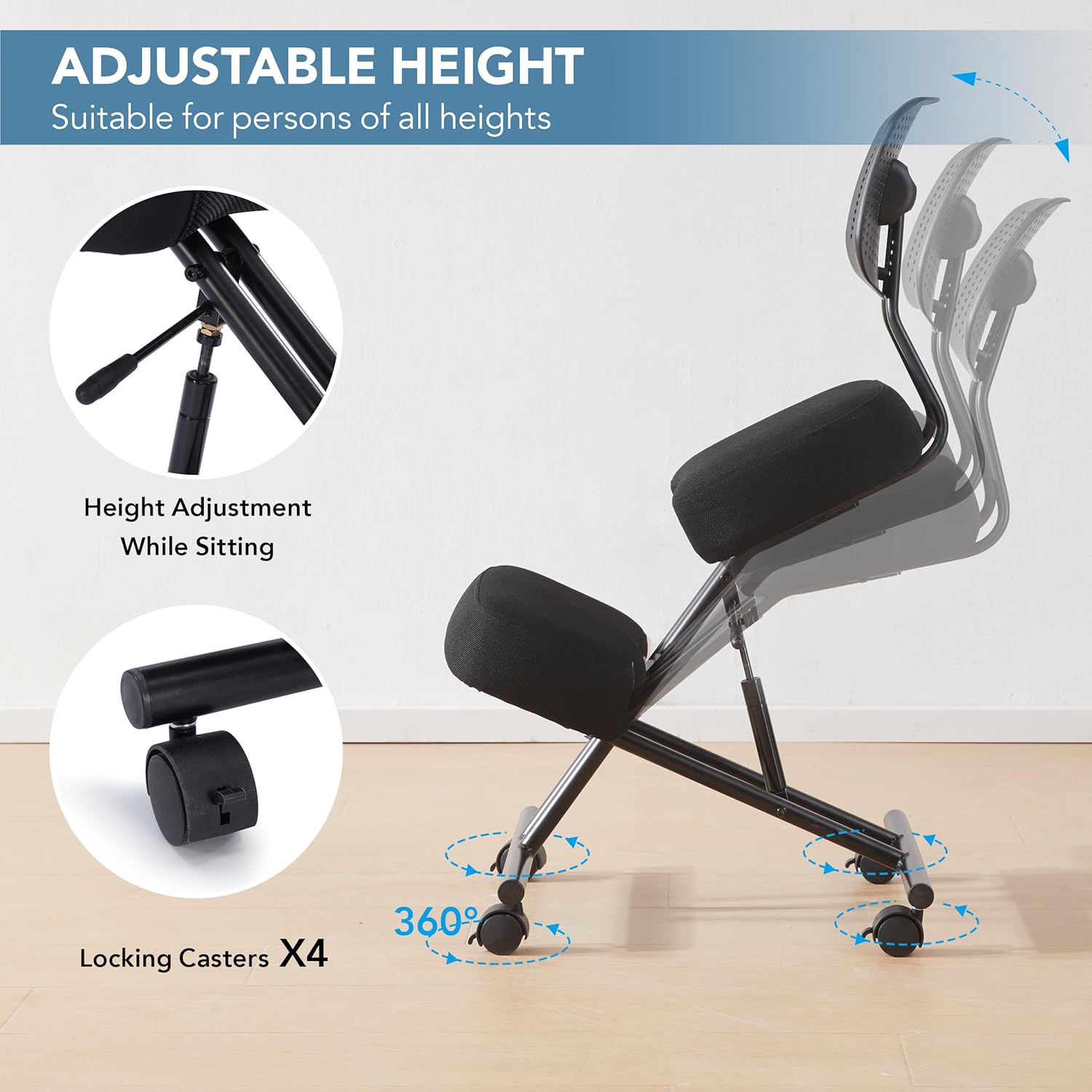 Ergonomic Kneeling Chair with Back Support, Ergonomic Kneeling Tool with Brake and Smooth Gliding Casters, Adjustable Stool for Home and Office, Posture Chair to Relieve Back Pain, Black Linen