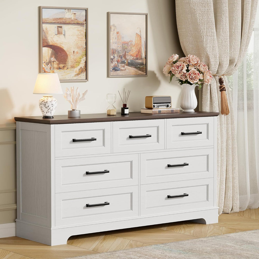 Furmax Farmhouse Dresser for Bedroom, 7 Drawers Dresser, Wood Chest of Drawers, 52" Wide Storage Dressers Organizer for Bedroom, Living Room, White and Brown