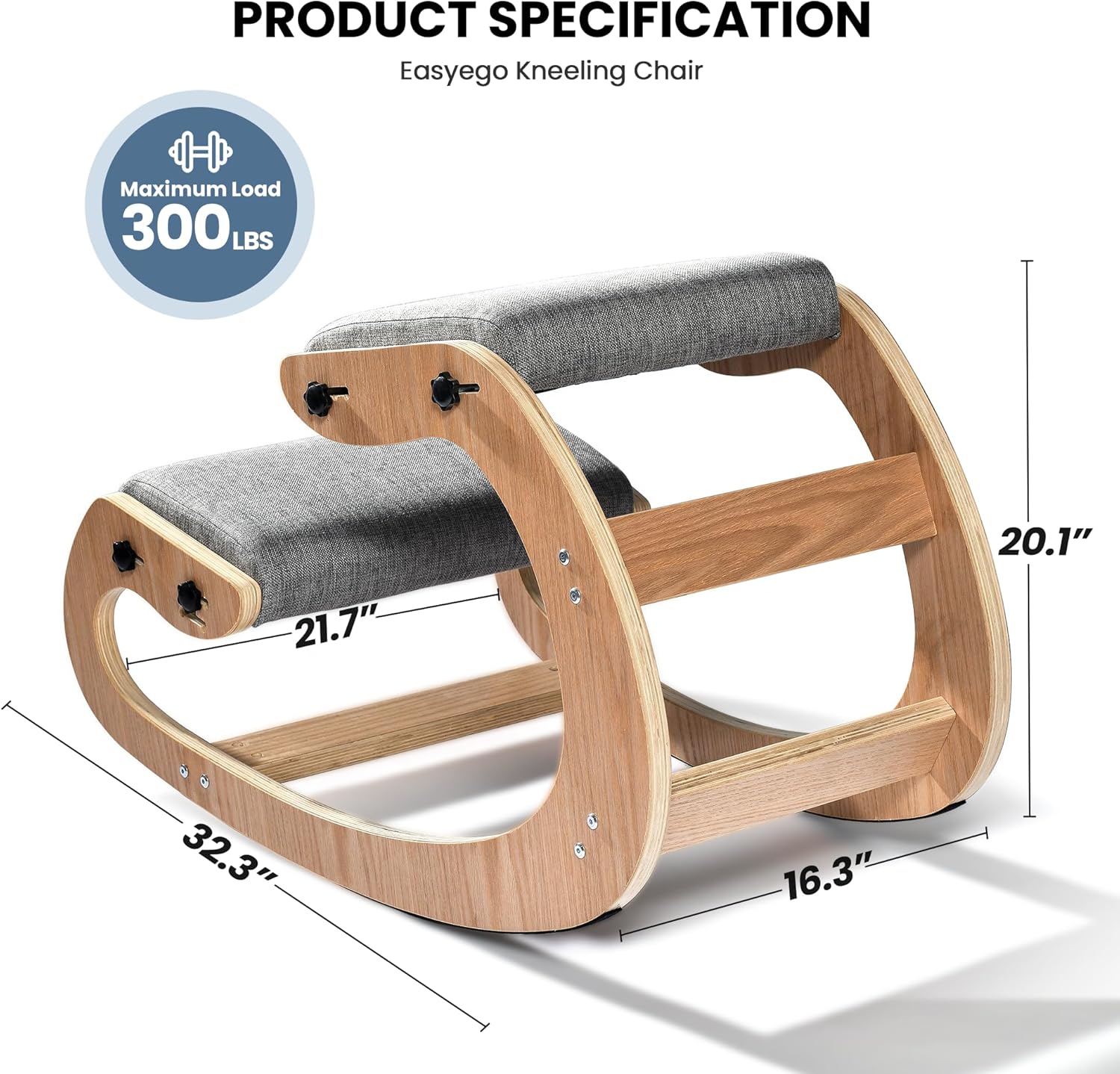 Easyego Kneeling Chair Ergonomic Posture Chair, Wood Adjustable Rocking Knee with Soft Padding, Natural Relief for Neck or Back Pain for Home Office, Max Load 300 lb - Gray