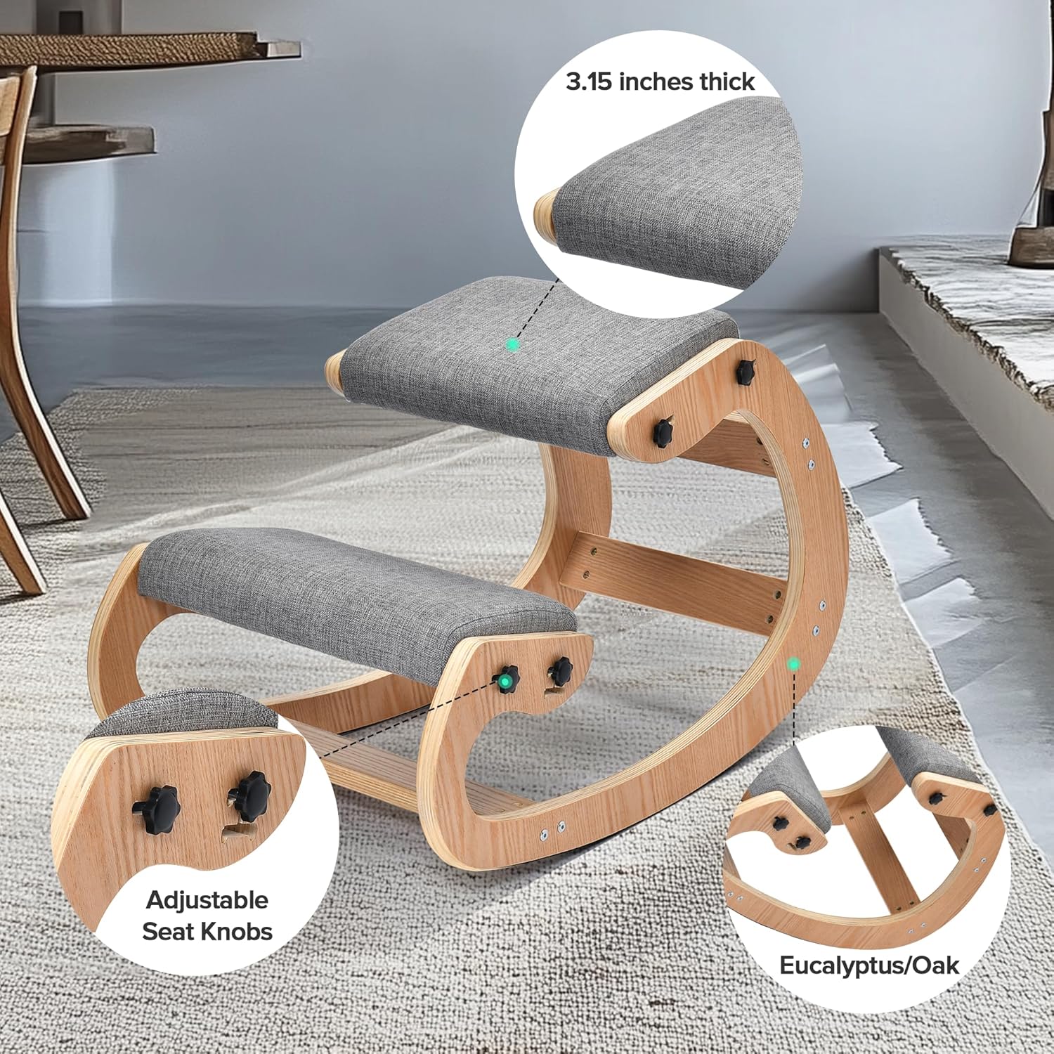 Easyego Kneeling Chair Ergonomic Posture Chair, Wood Adjustable Rocking Knee with Soft Padding, Natural Relief for Neck or Back Pain for Home Office, Max Load 300 lb - Gray
