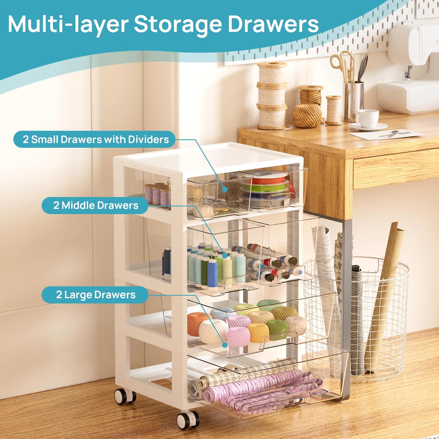 Vtopmart Plastic Drawer Storage Orangizer, 4 Tier 6 Drawers with Wheels for Office Supplies, Art Crafts, Under Desk Storage for Office, Bathroom, Dresser, 1 Pack/Clear