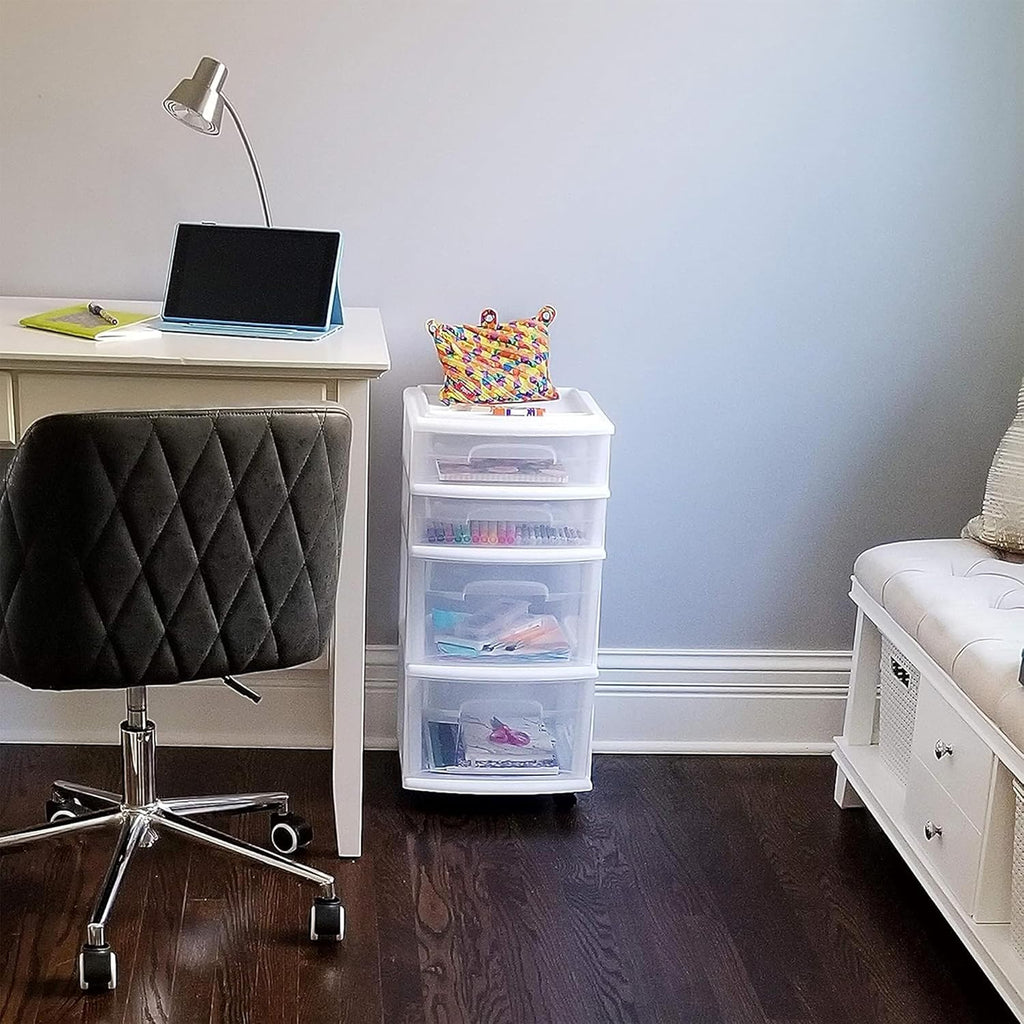 HOMZ Drawer Tower, 4-Tier Clear Plastic Storage Organizer Cart, White Frame – Rolling Containers with Wheels for Bathroom, Bedroom, Office, and Classroom Organization