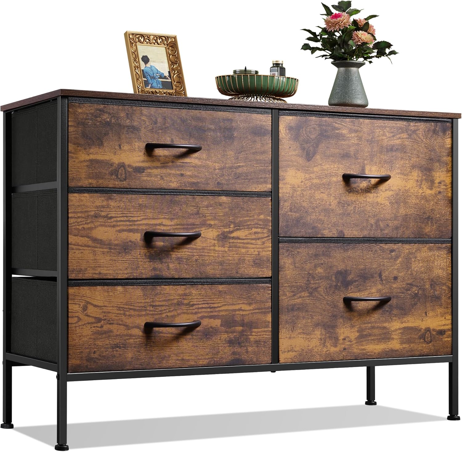 WLIVE Dresser for Bedroom with 5 Drawers, Wide Dressers with Drawer Organizers, Chest of Drawers, Fabric Dresser for Living Room, Closet, Hallway, Charcoal Black Wood Grain Print