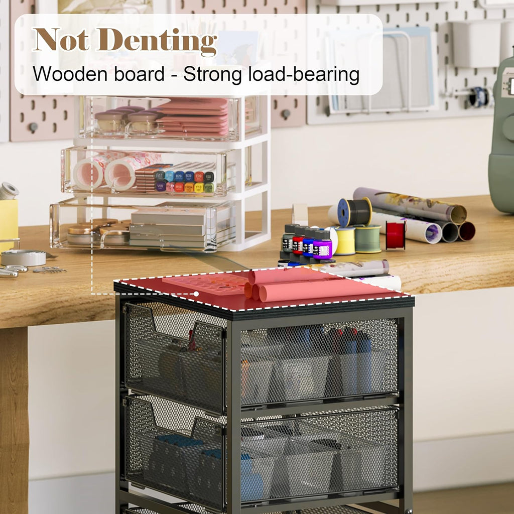 Rolling Cart with Drawers, 4-Drawer Storage Cart on Wheels with Wooden Top, Metal Utility Cart with Storage Drawers, Craft Storage Art Cart for Classroom, Office, Kitchen, Bedroom