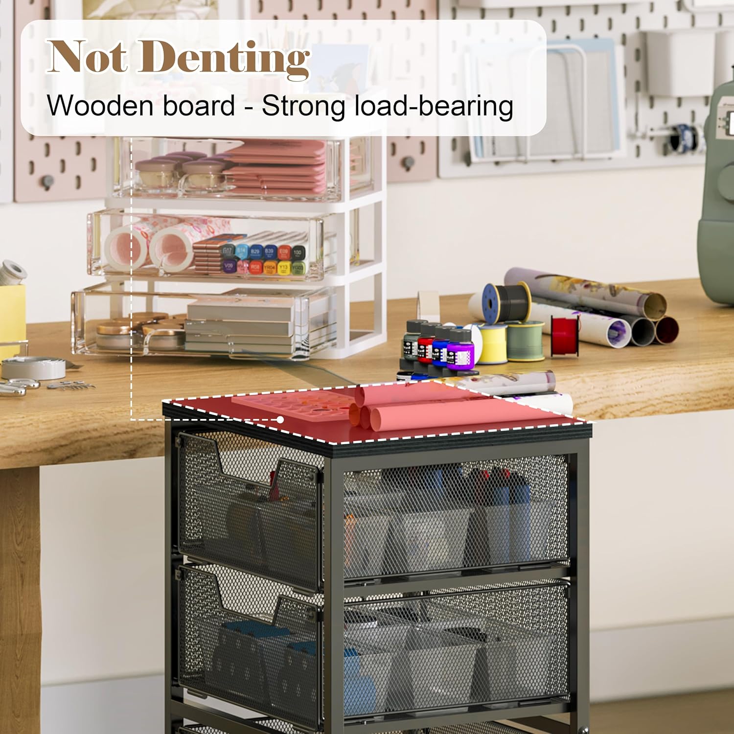 Rolling Cart with Drawers, 4-Drawer Storage Cart on Wheels with Wooden Top, Metal Utility Cart with Storage Drawers, Craft Storage Art Cart for Classroom, Office, Kitchen, Bedroom