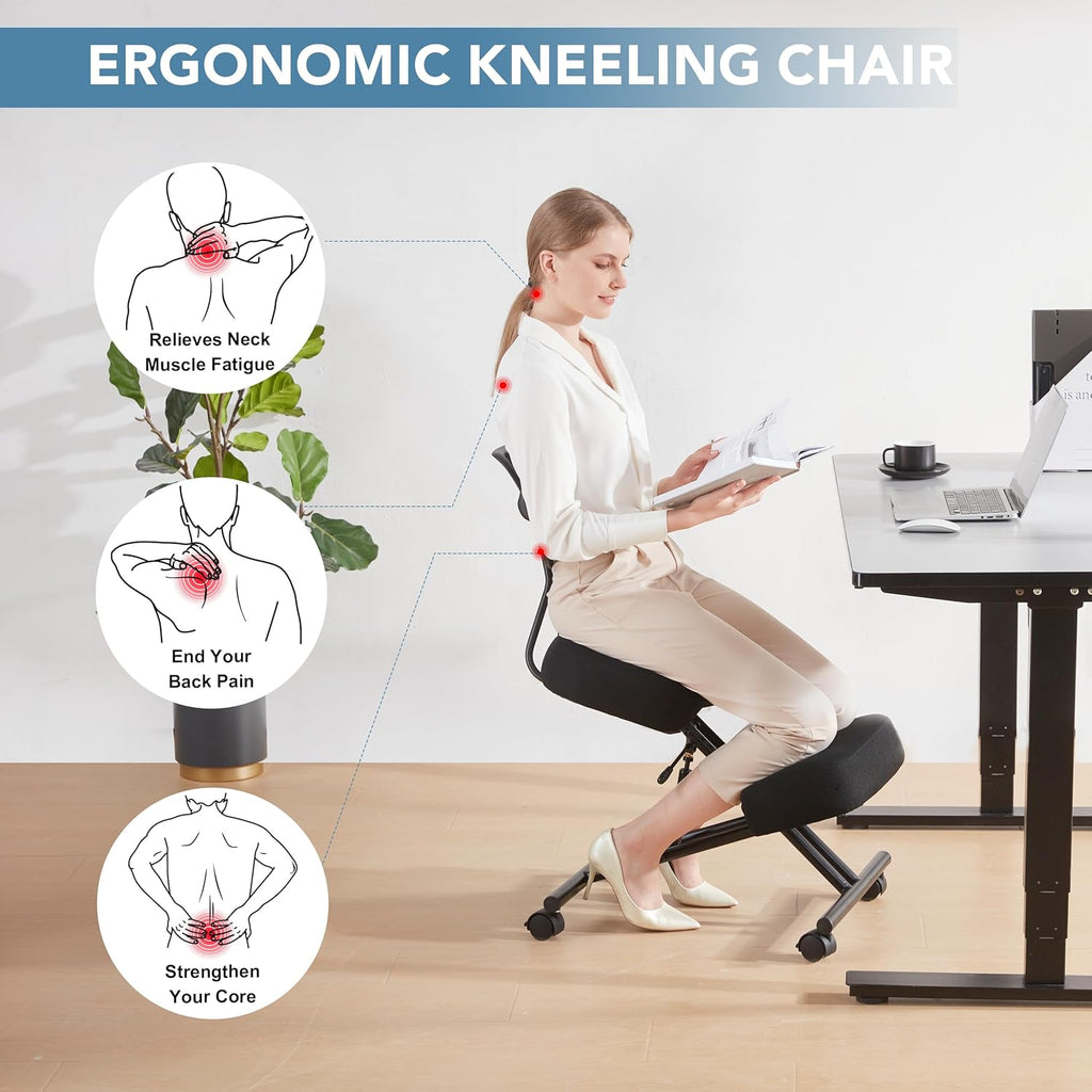 Ergonomic Kneeling Chair with Back Support, Ergonomic Kneeling Tool with Brake and Smooth Gliding Casters, Adjustable Stool for Home and Office, Posture Chair to Relieve Back Pain, Black Linen