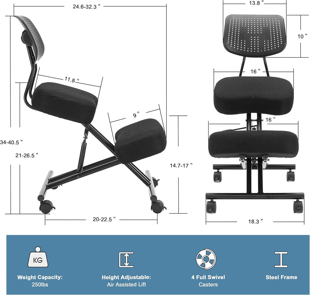 Ergonomic Kneeling Chair with Back Support, Ergonomic Kneeling Tool with Brake and Smooth Gliding Casters, Adjustable Stool for Home and Office, Posture Chair to Relieve Back Pain, Black Linen