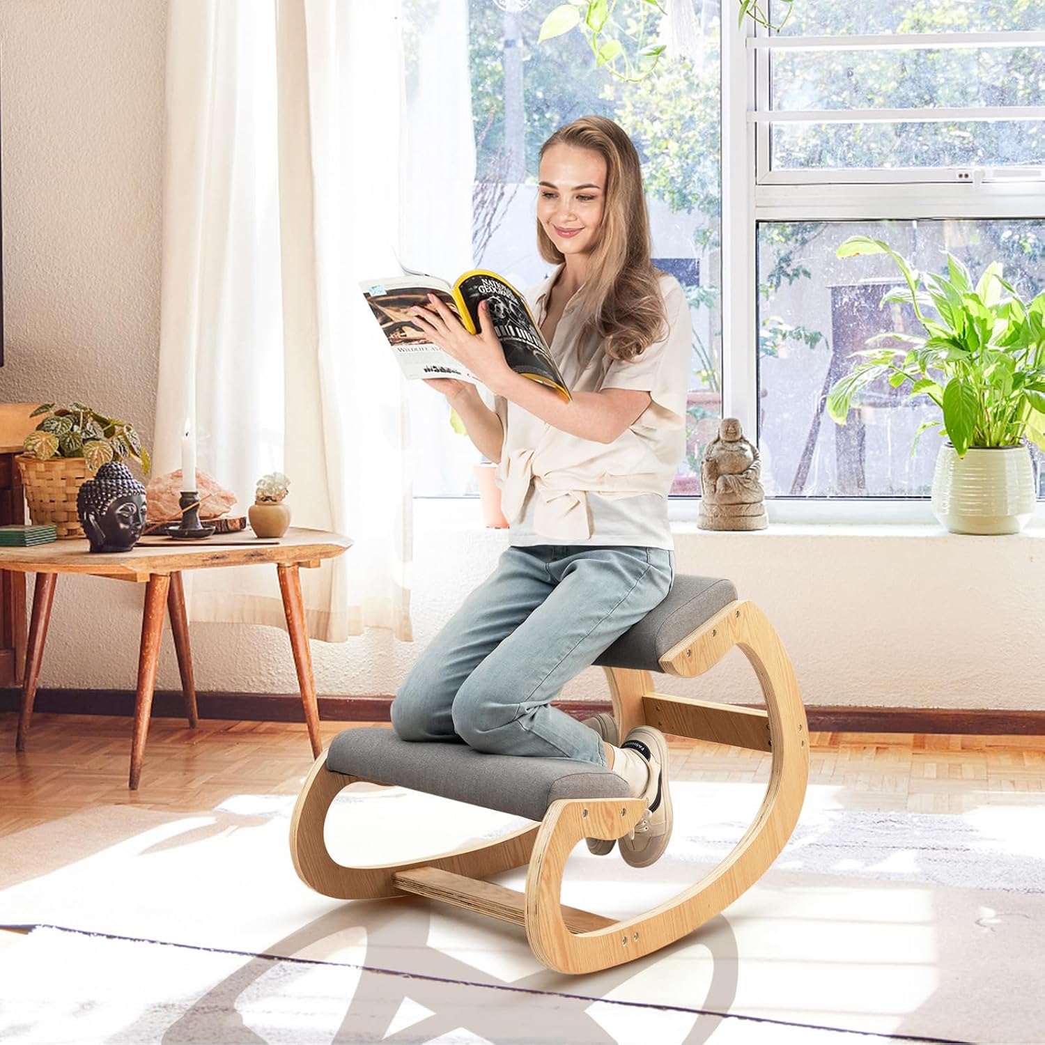 Giantex Ergonomic Kneeling Desk Chair, Rocking Knee Chair with Cushion & Solid Wood Frame, Natural Relief for Neck or Back Pain, Posture Chair for Desk, Home, Office, Max Load 330 Lbs (Beige)