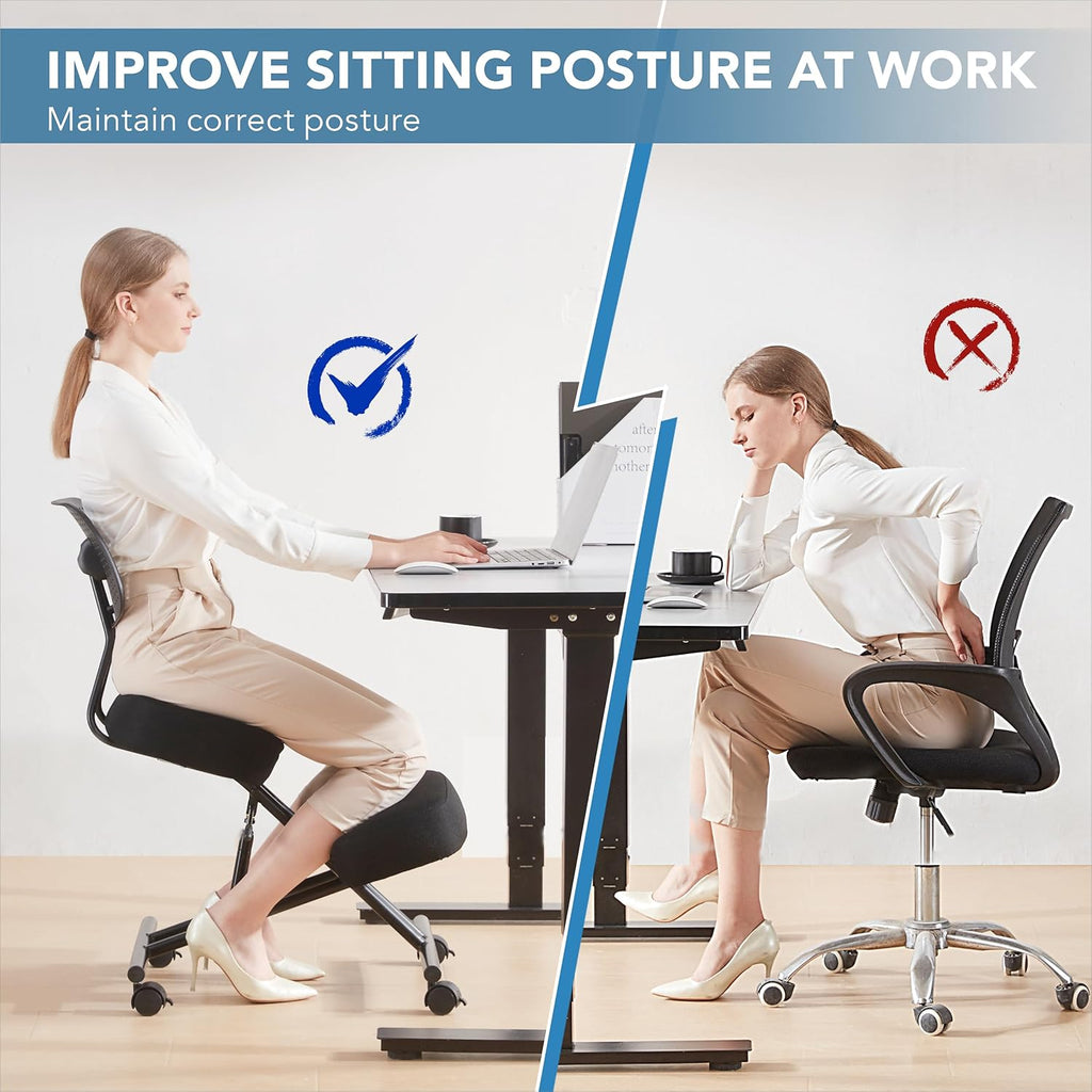 Ergonomic Kneeling Chair with Back Support, Ergonomic Kneeling Tool with Brake and Smooth Gliding Casters, Adjustable Stool for Home and Office, Posture Chair to Relieve Back Pain, Black Linen