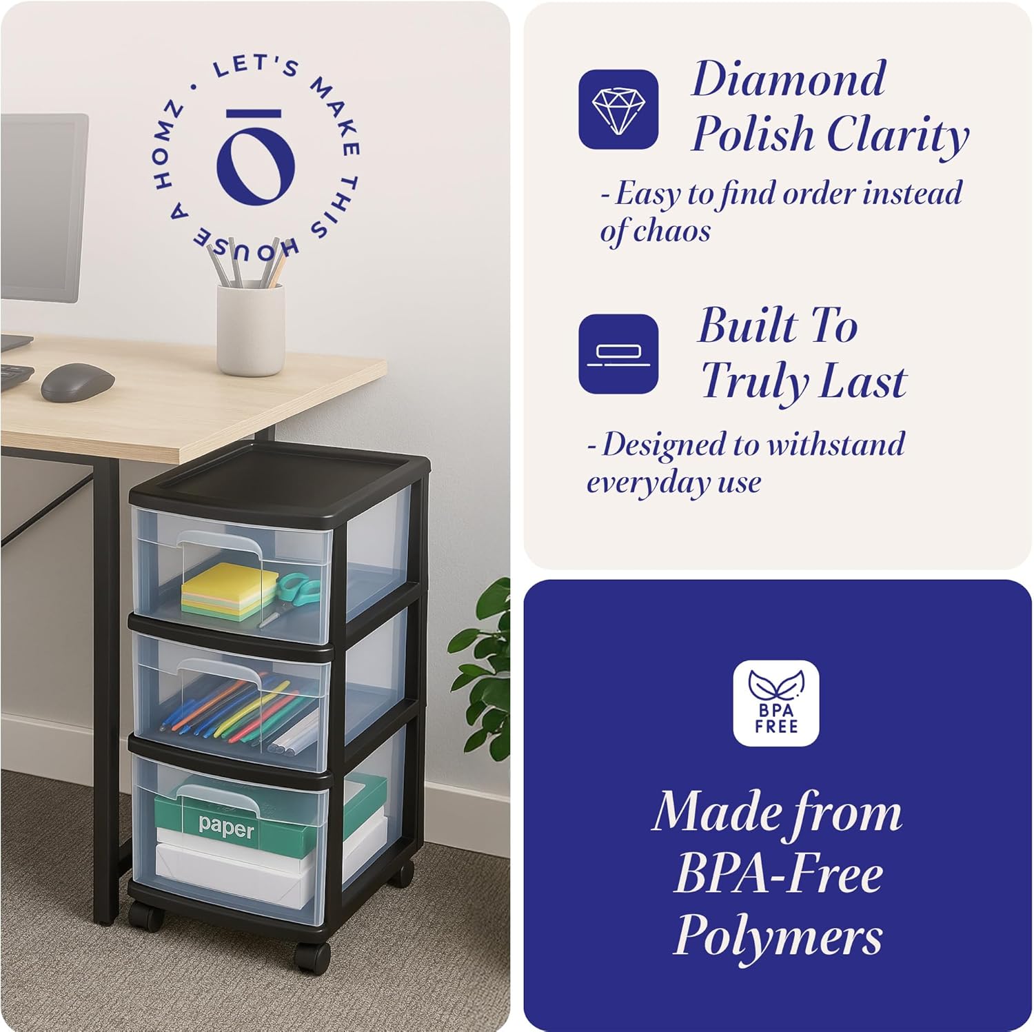 HOMZ Drawer Tower, 3-Tier Clear Plastic Storage Organizer Cart, Black Frame – Organizing Containers with Wheels for Home, Bathroom, Bedroom, Office, and Classroom