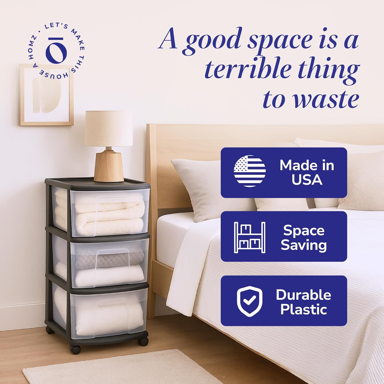 HOMZ Drawer Tower, 3-Tier Clear Plastic Storage Organizer Cart, Black Frame – Organizing Containers with Wheels for Home, Bathroom, Bedroom, Office, and Classroom