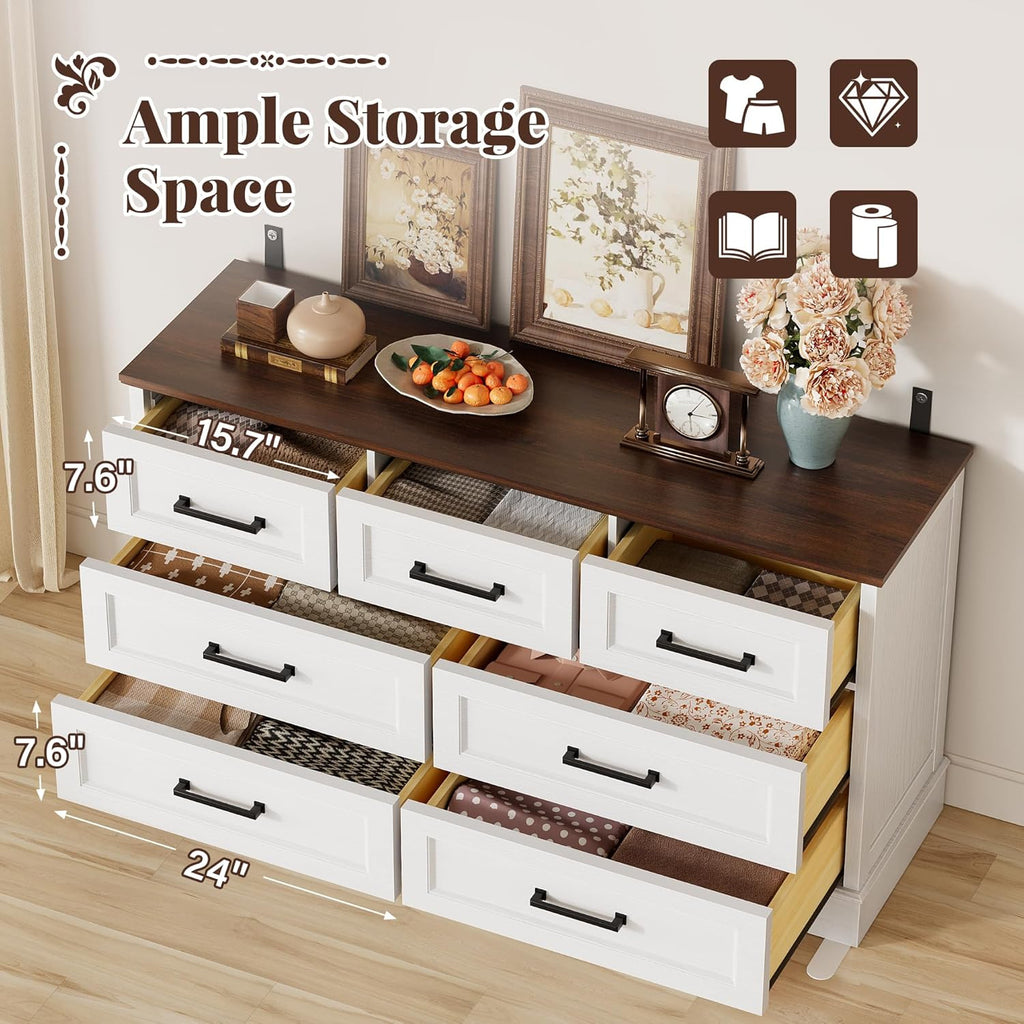 Furmax Farmhouse Dresser for Bedroom, 7 Drawers Dresser, Wood Chest of Drawers, 52" Wide Storage Dressers Organizer for Bedroom, Living Room, White and Brown