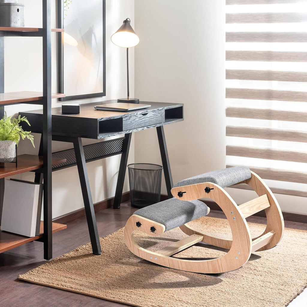 Easyego Kneeling Chair Ergonomic Posture Chair, Wood Adjustable Rocking Knee with Soft Padding, Natural Relief for Neck or Back Pain for Home Office, Max Load 300 lb - Gray