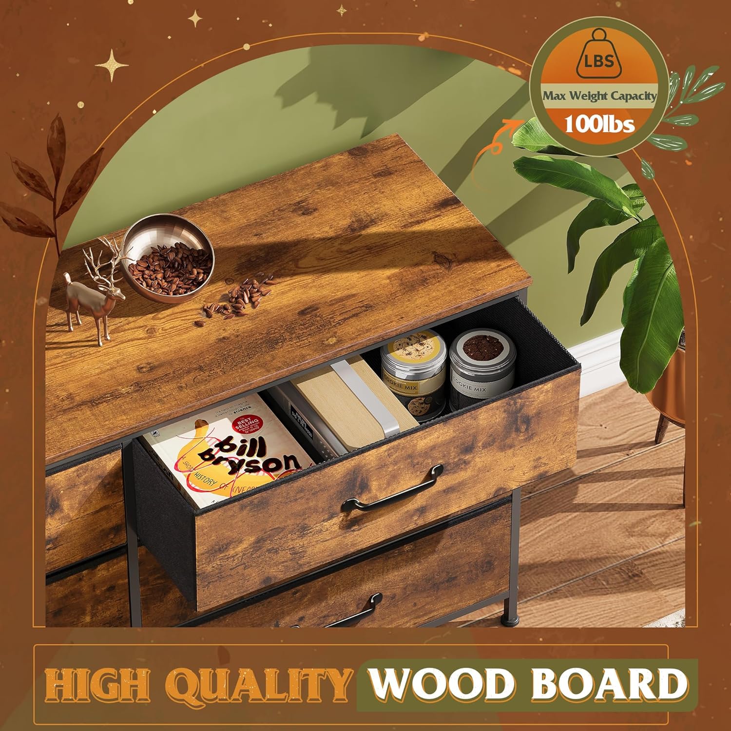 WLIVE 6 Drawer Dresser for Bedroom Large, Fabric Wide Dresser TV Stand for 50, 55, 60 inch TV, Big Long Chest of Drawers with Deep Drawer for Closet, Bedroom, Living Room, Hallway, Rustic Brown