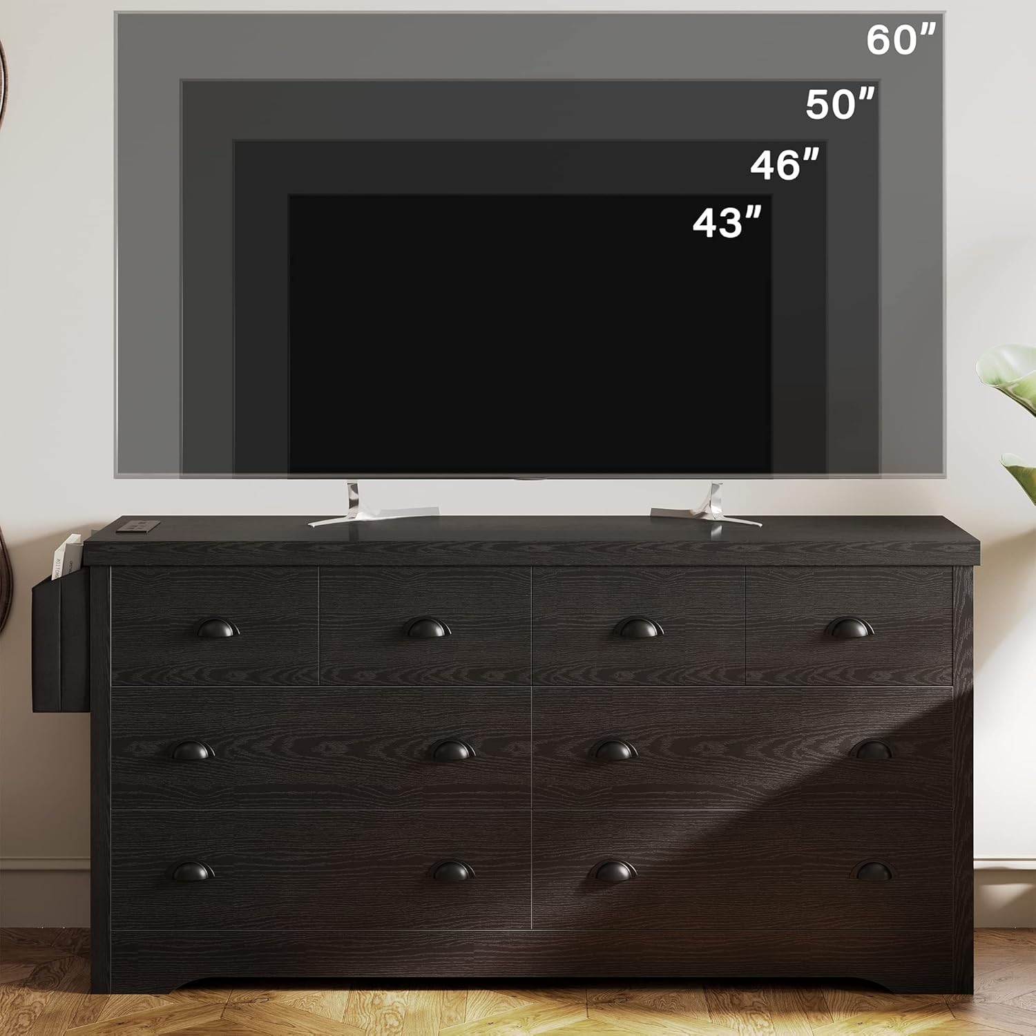 LIKIMIO Dresser 8 Drawer with Charging Station and Storage Bag, Wood Storage Chest of Drawers for Bedroom Living Room Hallway Entryway, Black