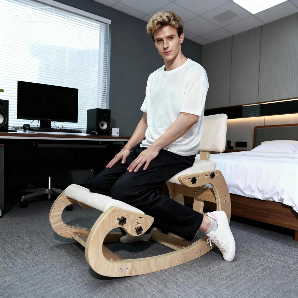 CHIESMA Ergonomic Kneeling Chair with Back Support, Adjustable Height Wooden Knee Chair - Improve Posture with an Angled Seat, with Cushion for Home,Office, Ivory