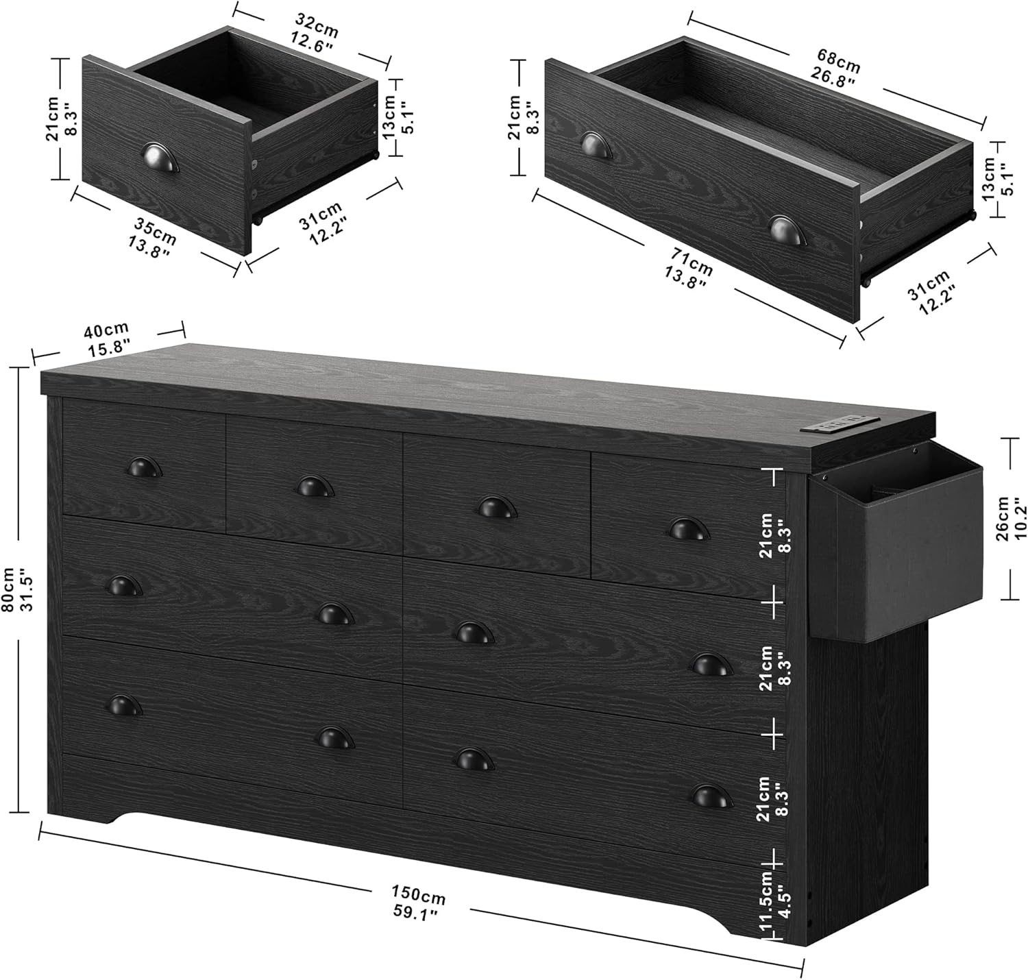 LIKIMIO Dresser 8 Drawer with Charging Station and Storage Bag, Wood Storage Chest of Drawers for Bedroom Living Room Hallway Entryway, Black
