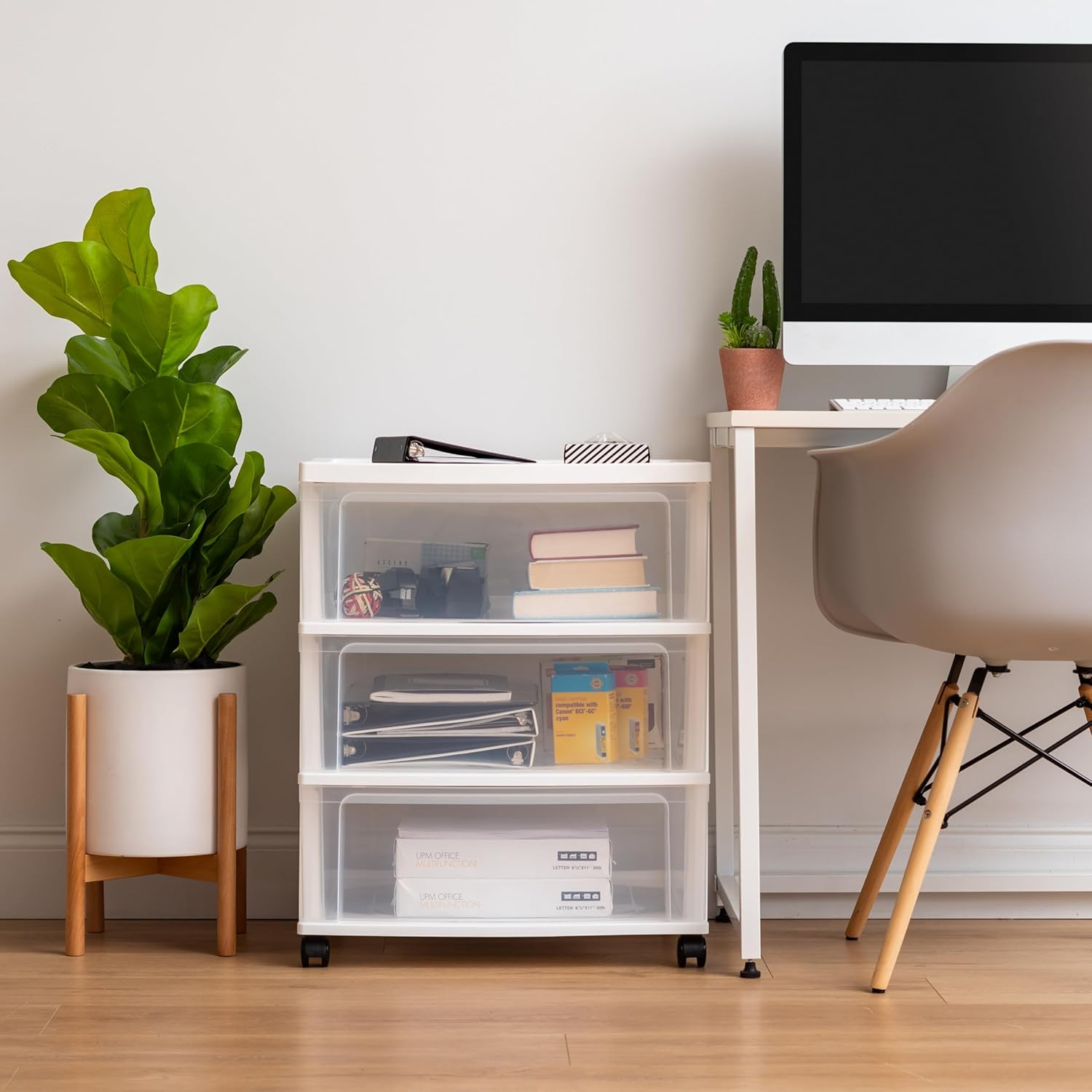 IRIS USA Plastic Drawer Storage Organizer Rolling Cart, with Wheels Casters, 3-Drawers, for Art Craft Supplies Bathroom Dorm Bedroom Laundry Room, Wide, White