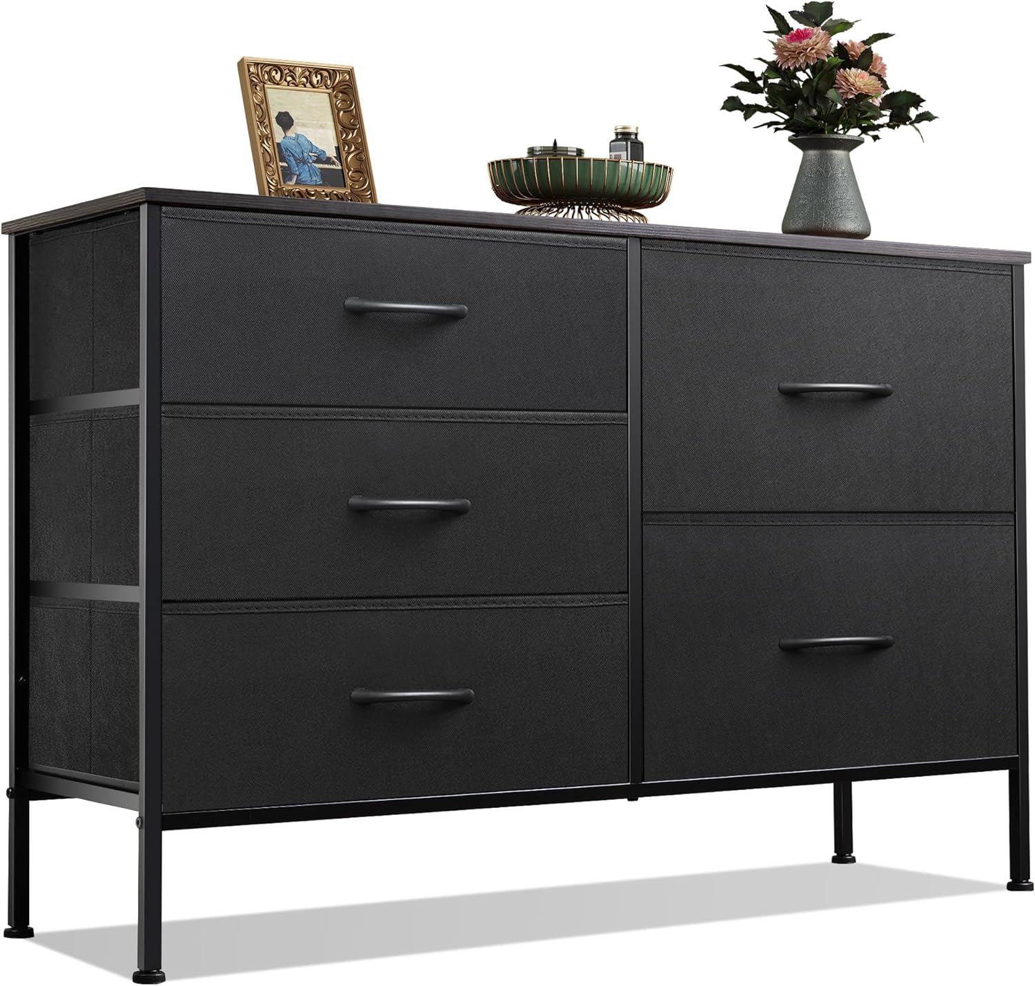 WLIVE Dresser for Bedroom with 5 Drawers, Wide Dressers with Drawer Organizers, Chest of Drawers, Fabric Dresser for Living Room, Closet, Hallway, Charcoal Black Wood Grain Print