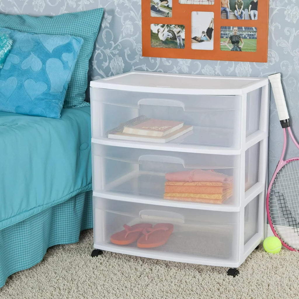 Plastic Storage Drawer Cart, Medium Home Organization Storage Container with 3 Large Clear Drawers With Wheels (White)
