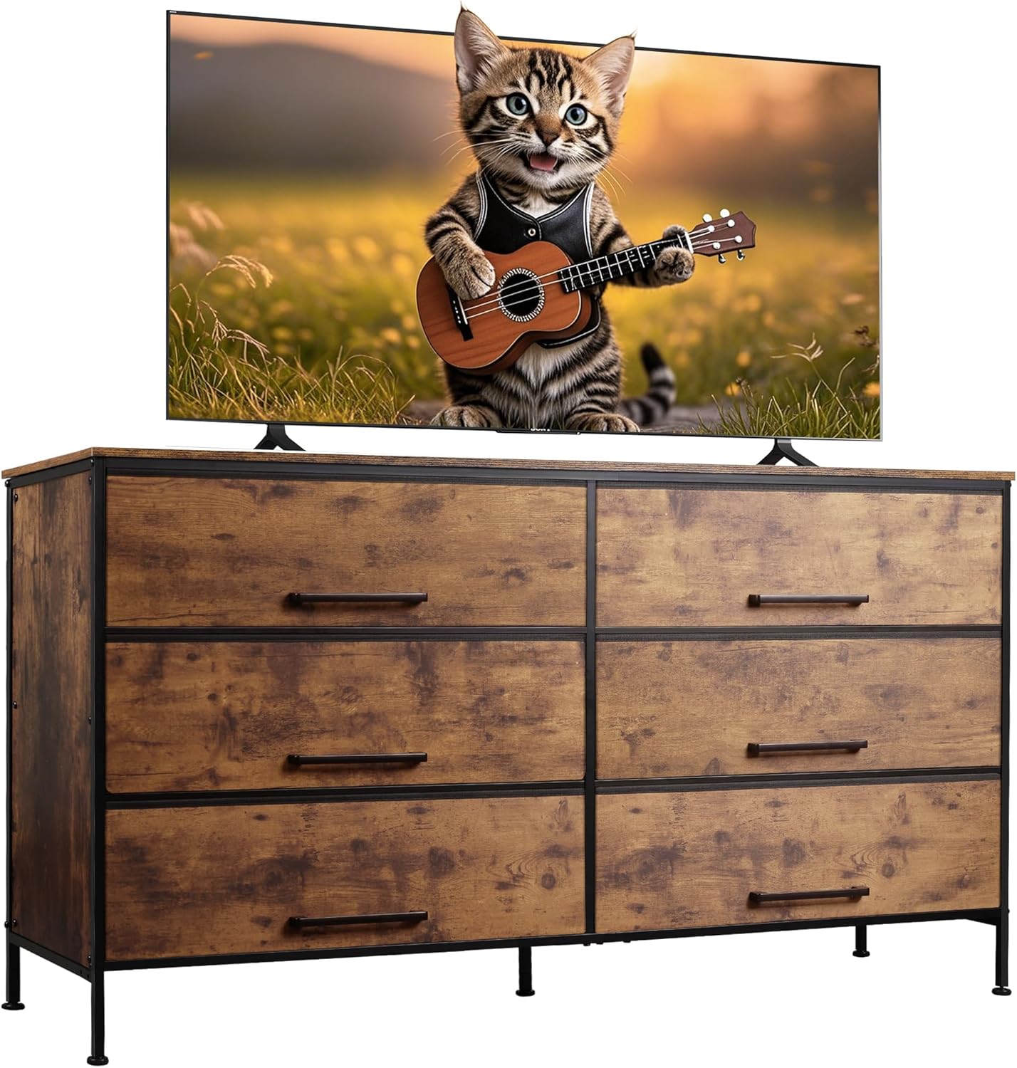 WLIVE 6 Drawer Dresser for Bedroom Large, Fabric Wide Dresser TV Stand for 50, 55, 60 inch TV, Big Long Chest of Drawers with Deep Drawer for Closet, Bedroom, Living Room, Hallway, Rustic Brown