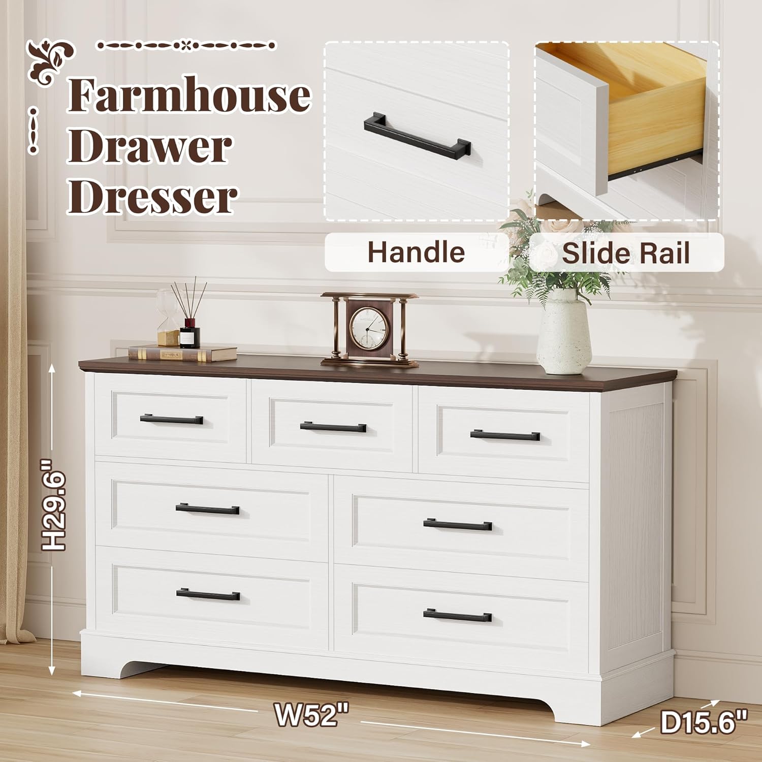 Furmax Farmhouse Dresser for Bedroom, 7 Drawers Dresser, Wood Chest of Drawers, 52" Wide Storage Dressers Organizer for Bedroom, Living Room, White and Brown