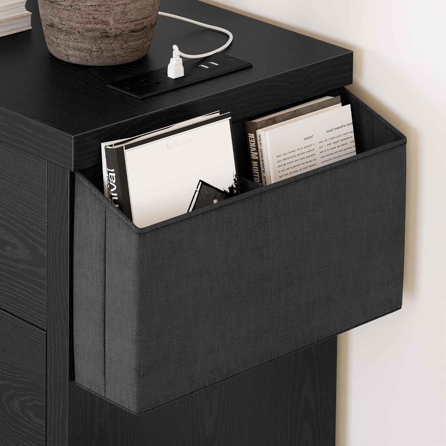 LIKIMIO Dresser 8 Drawer with Charging Station and Storage Bag, Wood Storage Chest of Drawers for Bedroom Living Room Hallway Entryway, Black