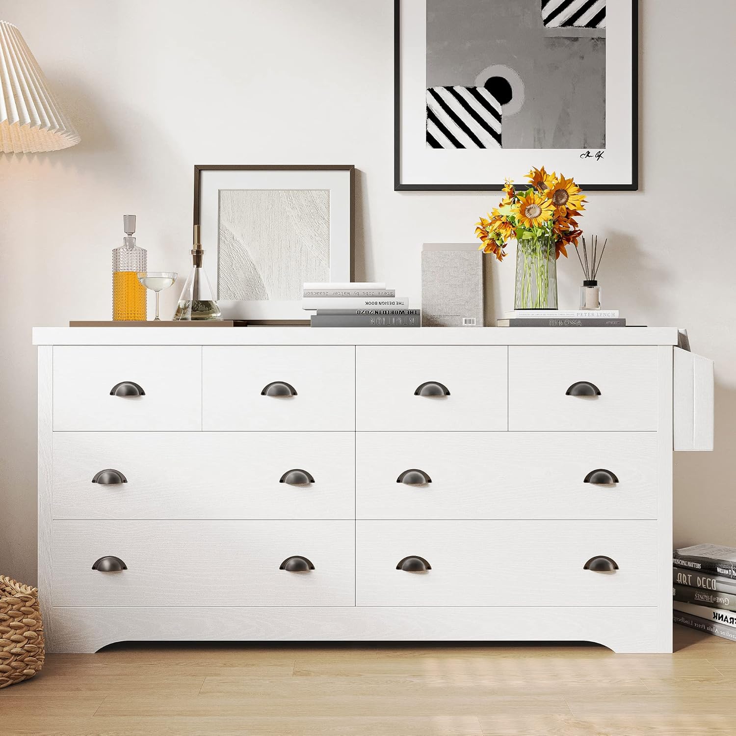 LIKIMIO Dresser 8 Drawer with Charging Station and Storage Bag, Wood Storage Chest of Drawers for Bedroom Living Room Hallway Entryway, Black