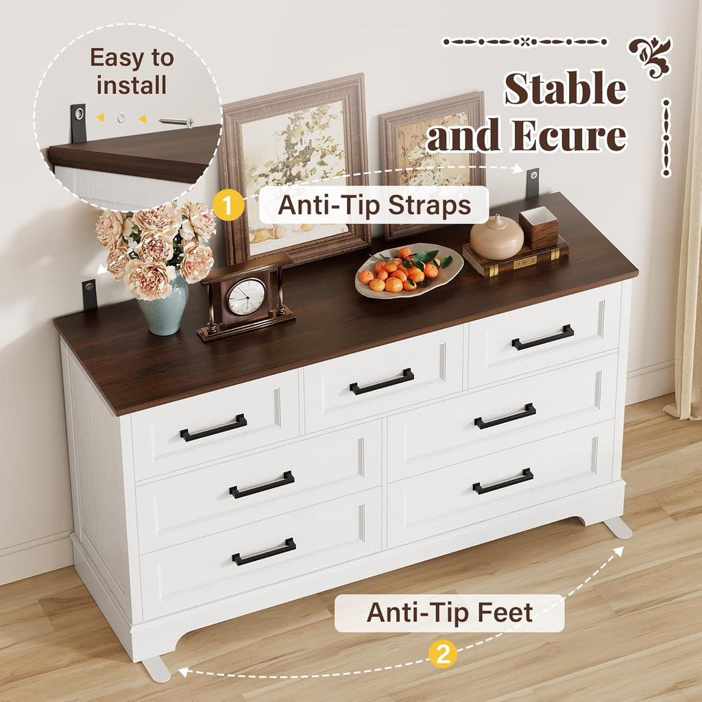 Furmax Farmhouse Dresser for Bedroom, 7 Drawers Dresser, Wood Chest of Drawers, 52" Wide Storage Dressers Organizer for Bedroom, Living Room, White and Brown