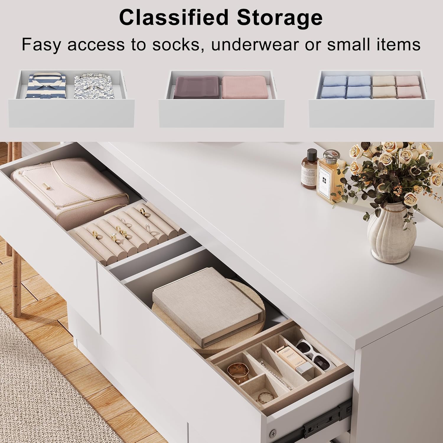 White 6 Drawer Dresser for Bedroom, 15.3" D x 47.2" W x 32.3" H in Simply Modern Chest of Drawers, Wood Storage Double Dresser with Deep Drawers for Living Room, Hallway Entryway, White