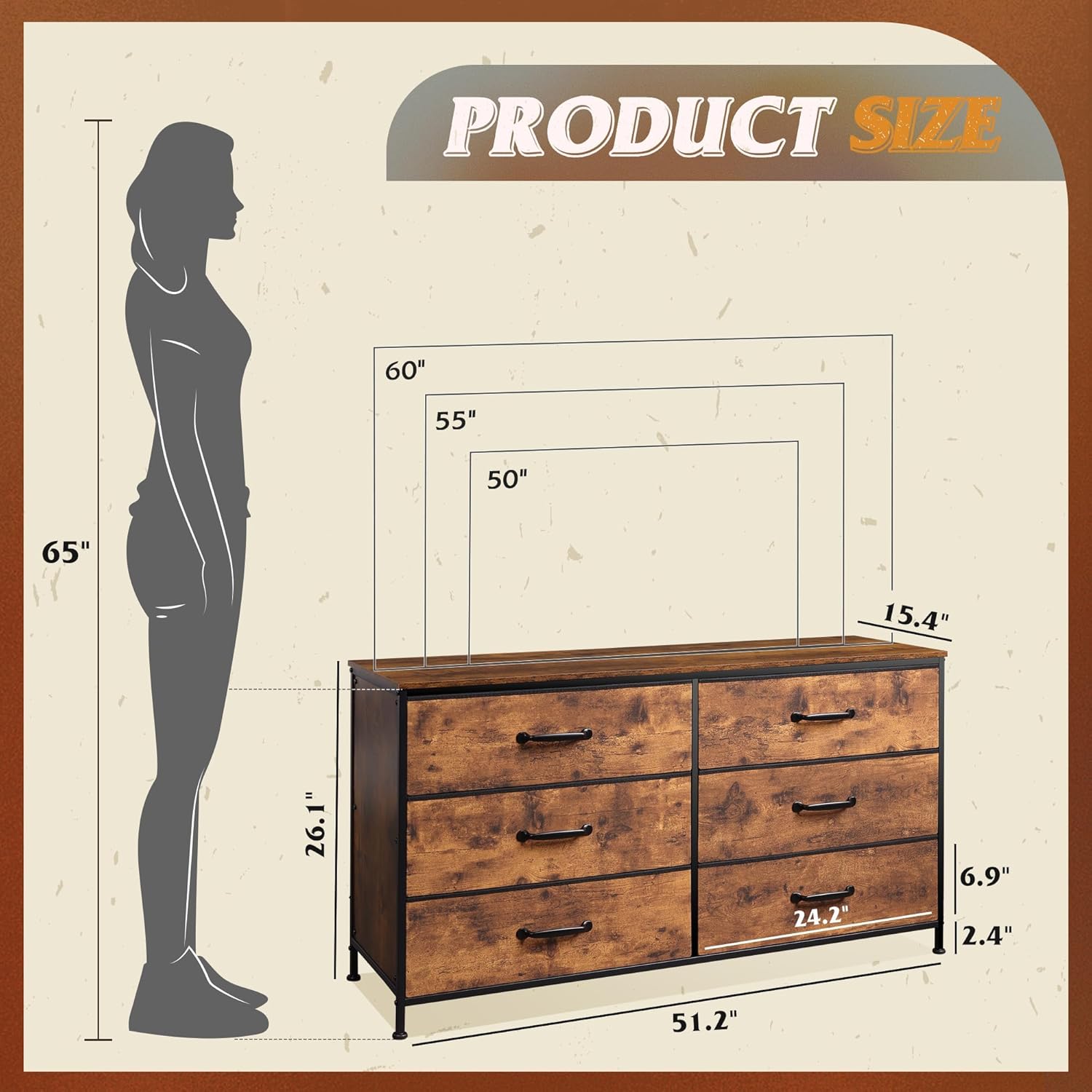 WLIVE 6 Drawer Dresser for Bedroom Large, Fabric Wide Dresser TV Stand for 50, 55, 60 inch TV, Big Long Chest of Drawers with Deep Drawer for Closet, Bedroom, Living Room, Hallway, Rustic Brown